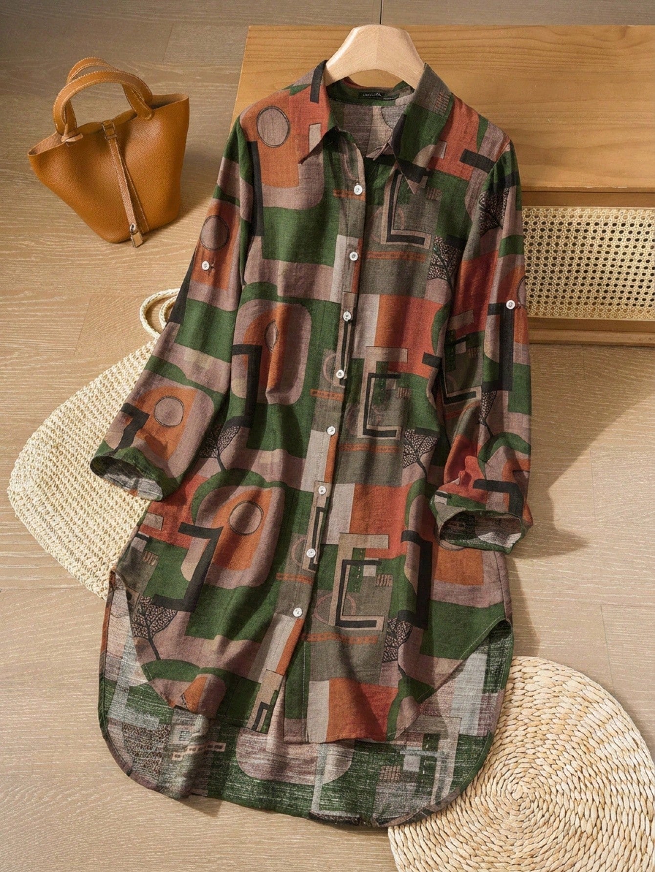 Rusticease Women Short Color Block Retro Casual Pattern Dresses For Autumn Travel Green - image 7