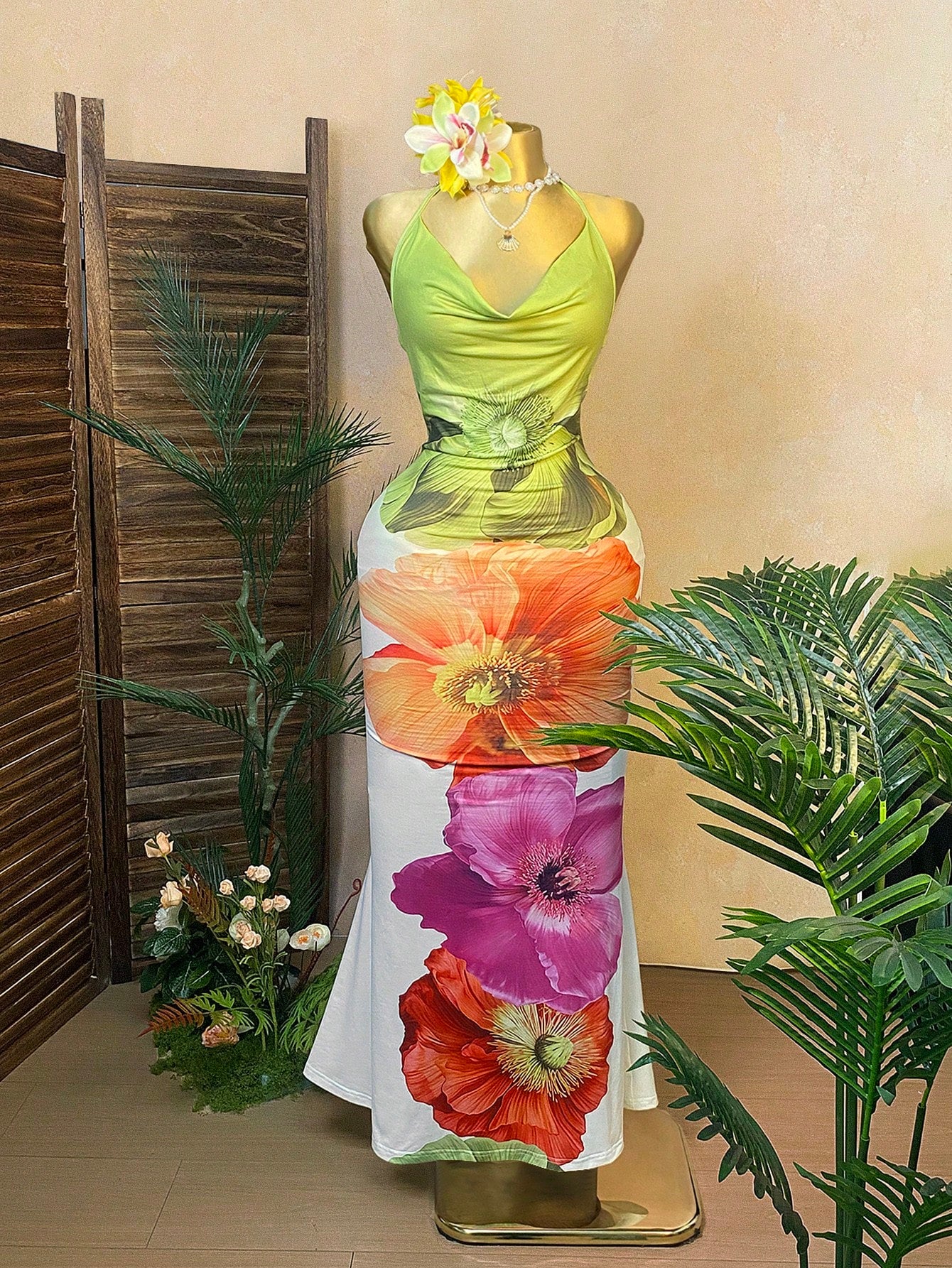 Rovax Women White Floral Deep V Backless Spaghetti Strap Dress,Summer