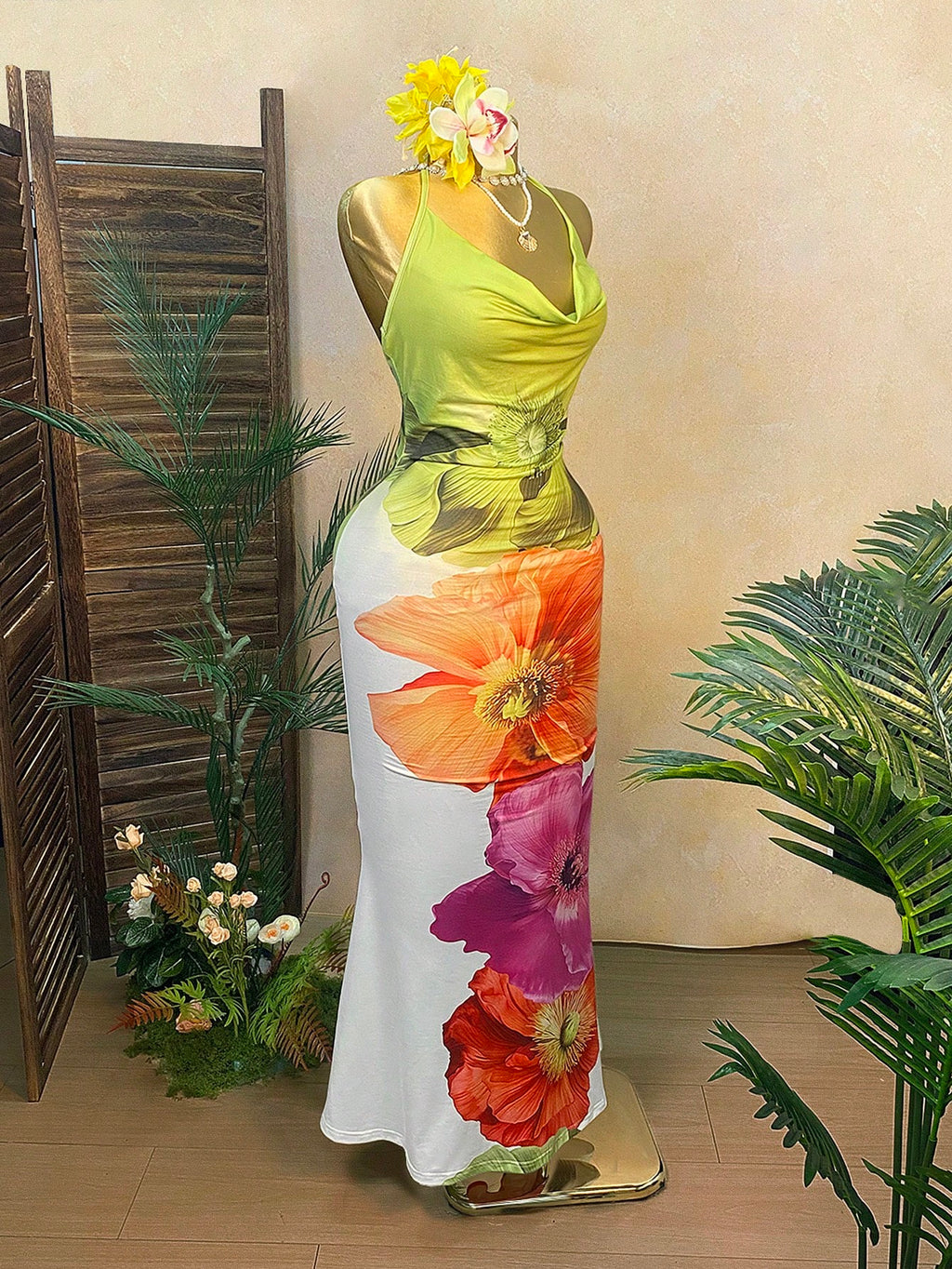 Rovax Women White Floral Deep V Backless Spaghetti Strap Dress,Summer