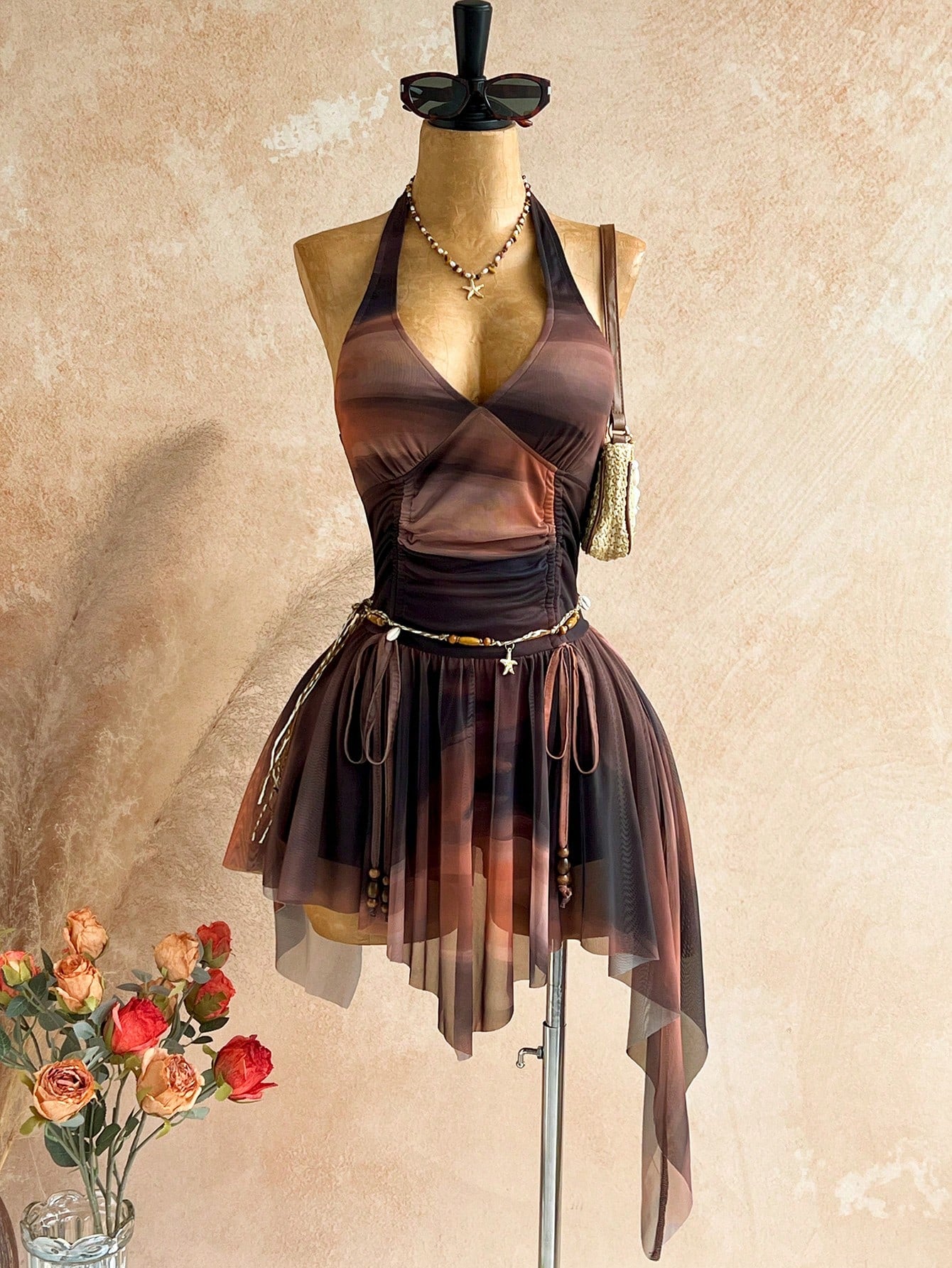 Soleia Deep V Neck Tie-Up Waist Wooden Bead Asymmetrical Hem Mini