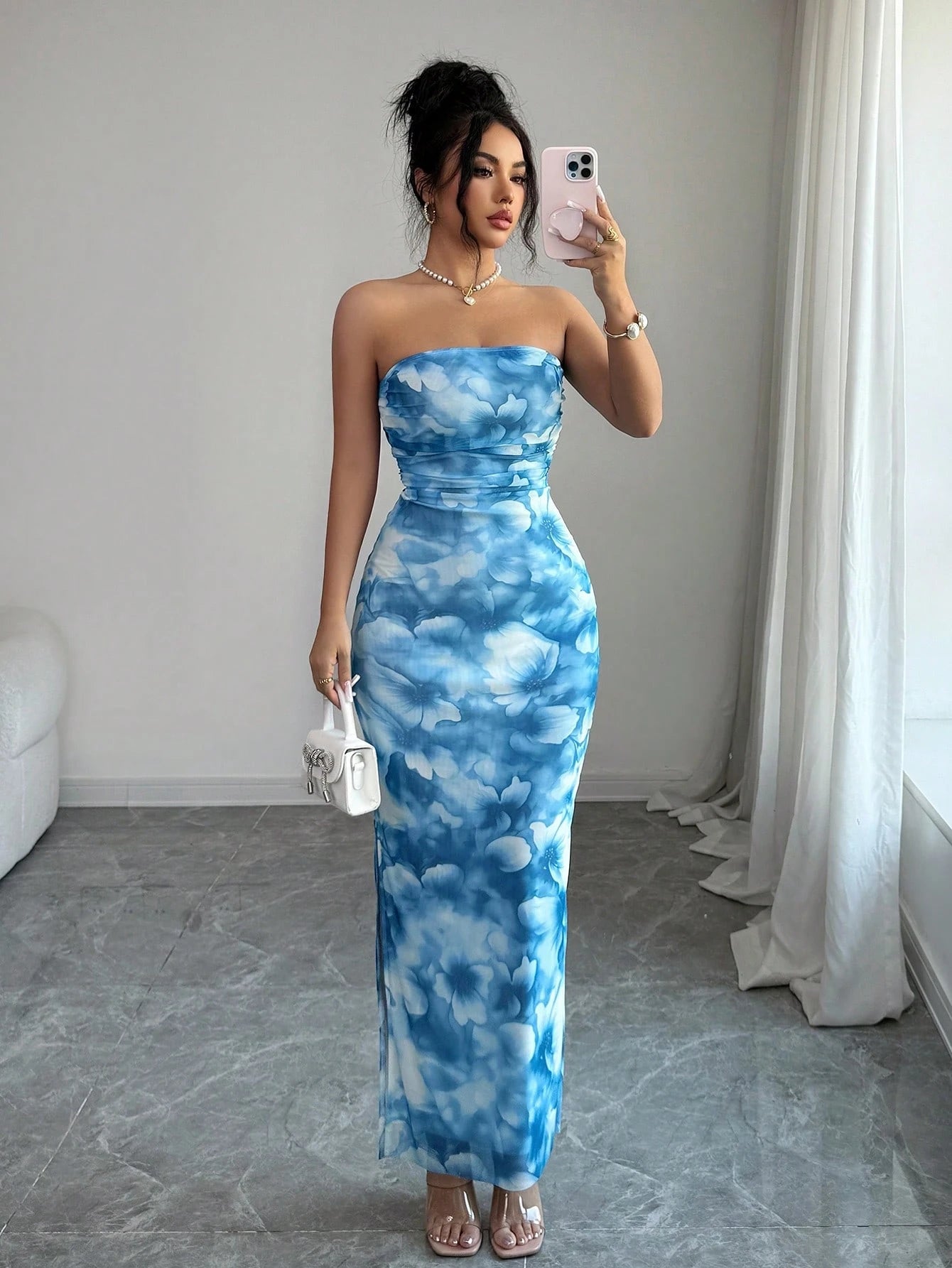 Ladies' Tie Dye Strapless Dress With Side Slit Hem Maxi