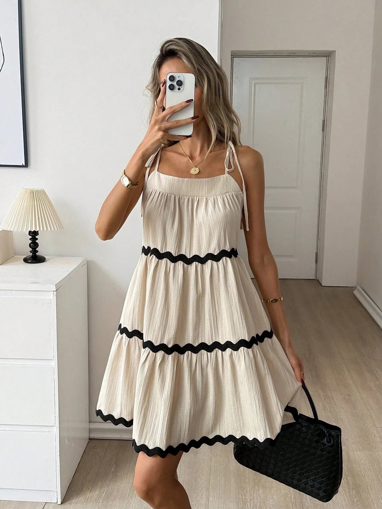 Easowa Contrast Color Wavy Trim Multi-Layer Ruffle Hem A-Line