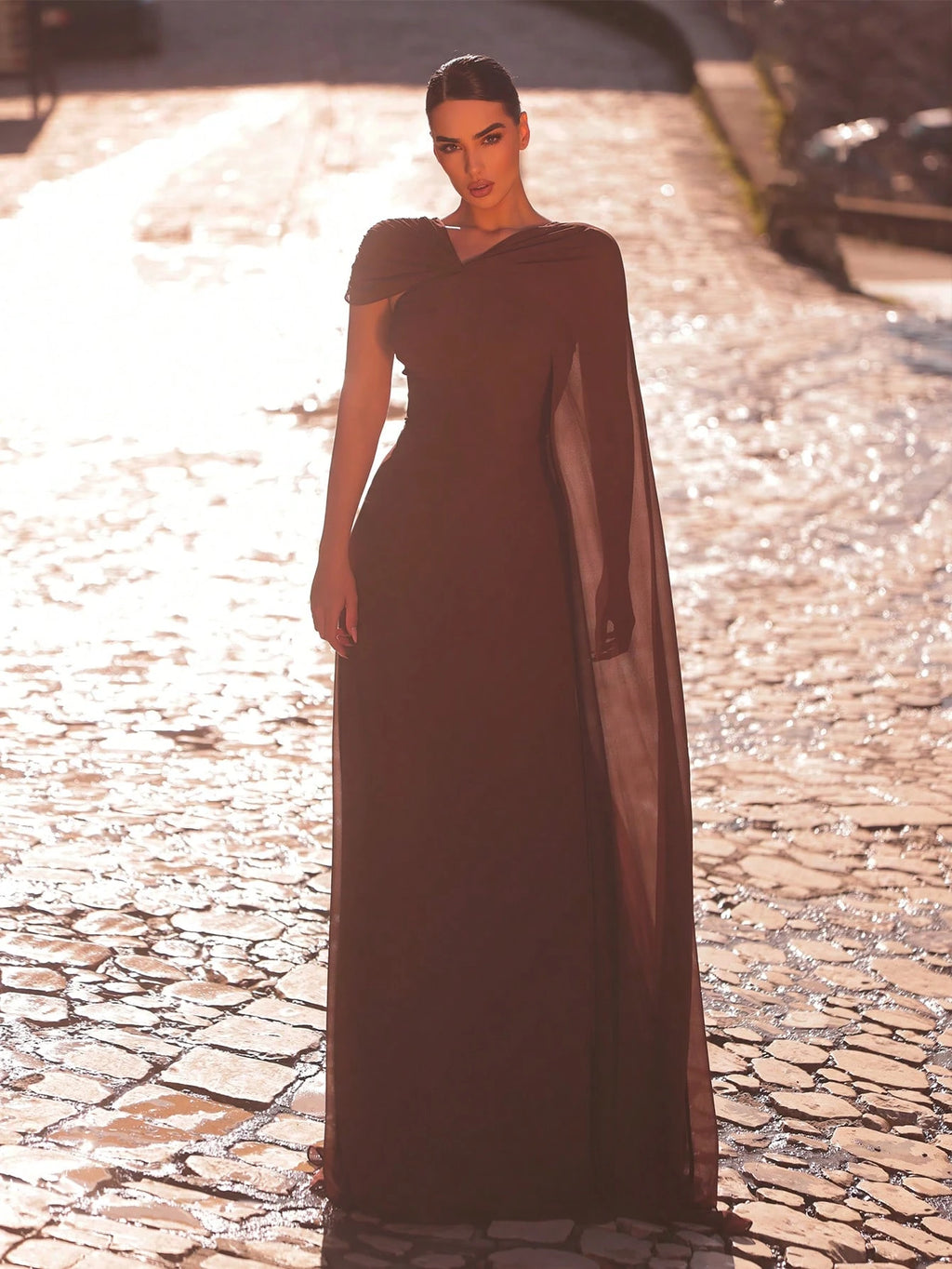 Aureia Rust Brown Summer Elegant Formal Wedding Dress Asymmetrical Neckline Flowing Sleeves A-Line Silhouette - image 7