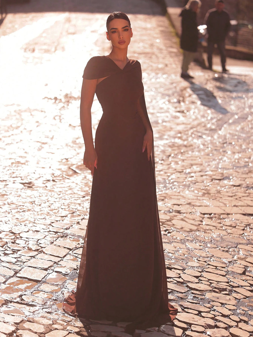 Aureia Rust Brown Summer Elegant Formal Wedding Dress Asymmetrical Neckline Flowing Sleeves A-Line Silhouette - image 4