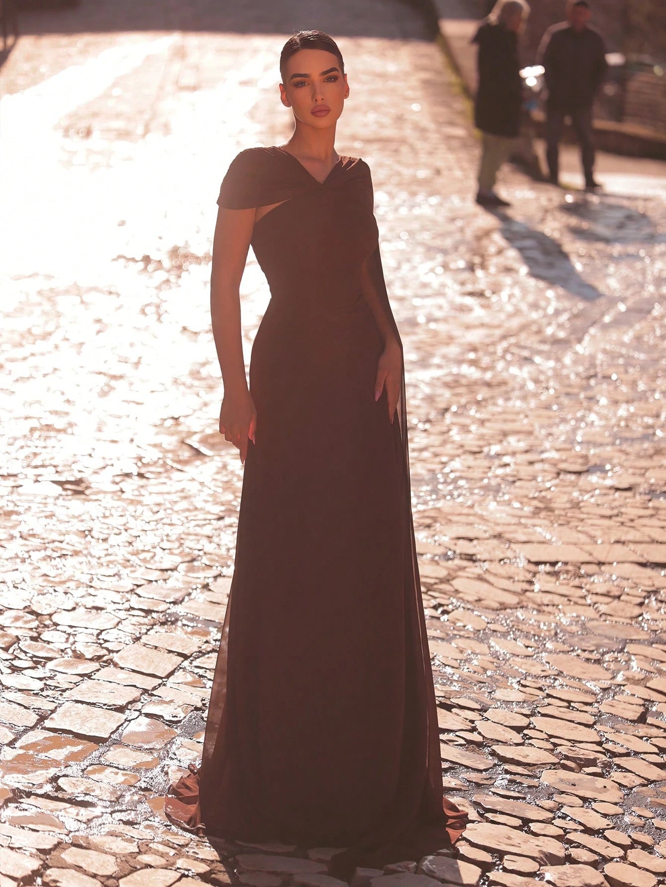 Aureia Rust Brown Summer Elegant Formal Wedding Dress Asymmetrical Neckline Flowing Sleeves A-Line Silhouette - image 4