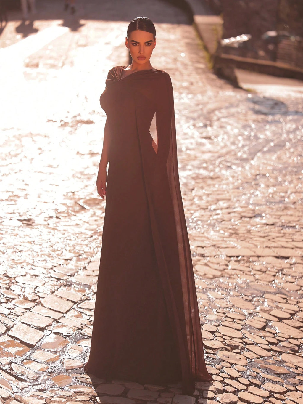 Aureia Rust Brown Summer Elegant Formal Wedding Dress Asymmetrical Neckline Flowing Sleeves A-Line Silhouette - image 5