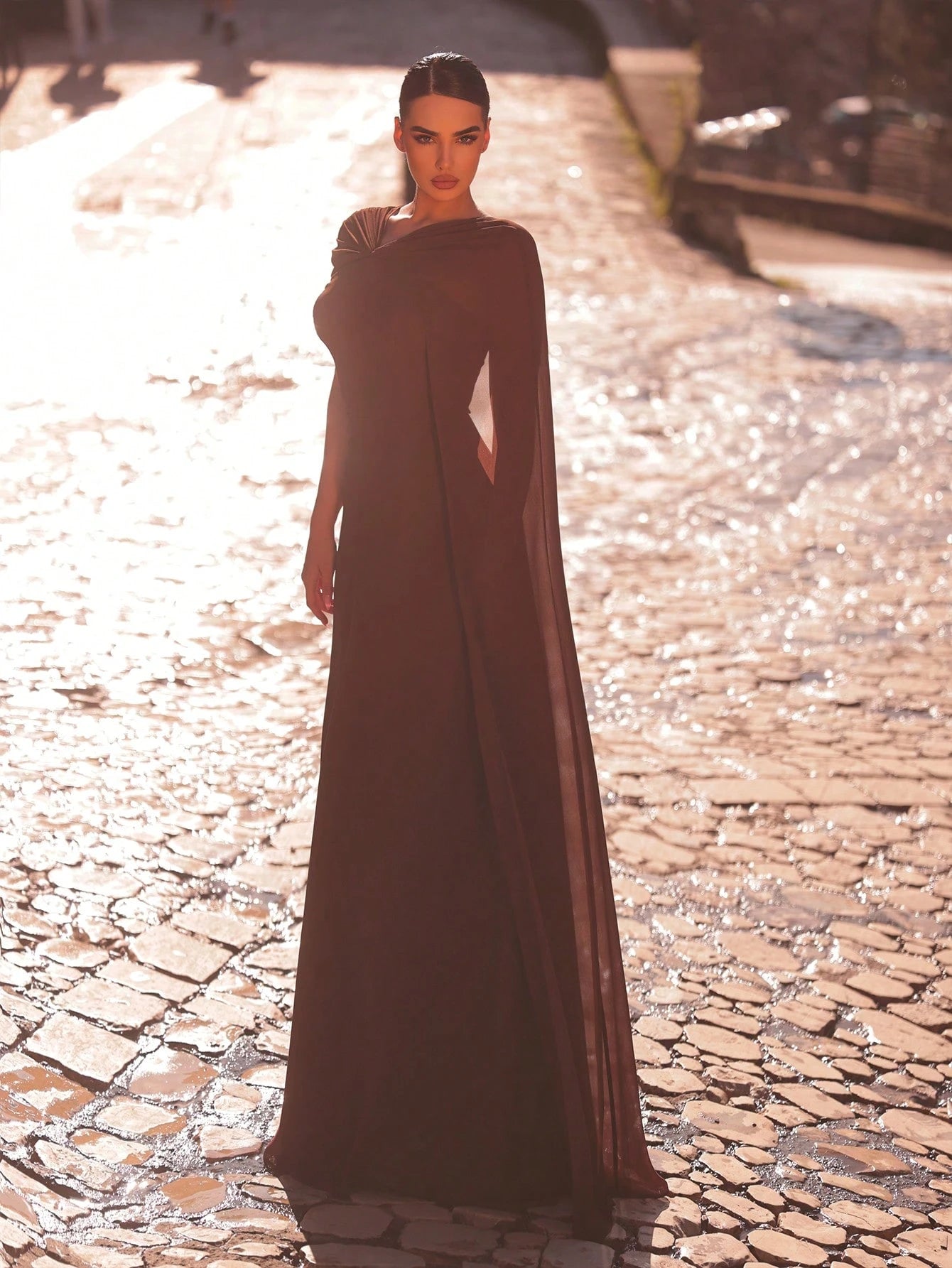 Aureia Rust Brown Summer Elegant Formal Wedding Dress Asymmetrical Neckline Flowing Sleeves A-Line Silhouette - image 5
