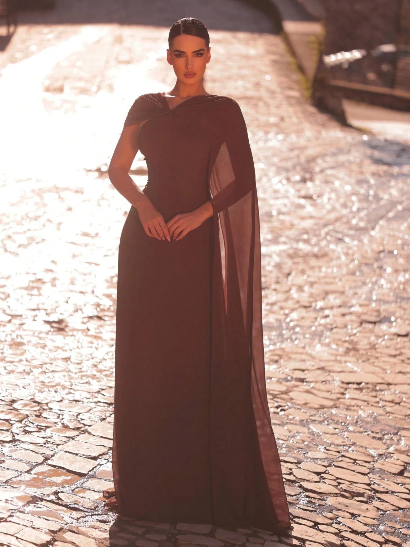 Aureia Rust Brown Summer Elegant Formal Wedding Dress Asymmetrical Neckline Flowing Sleeves A-Line Silhouette - image 6