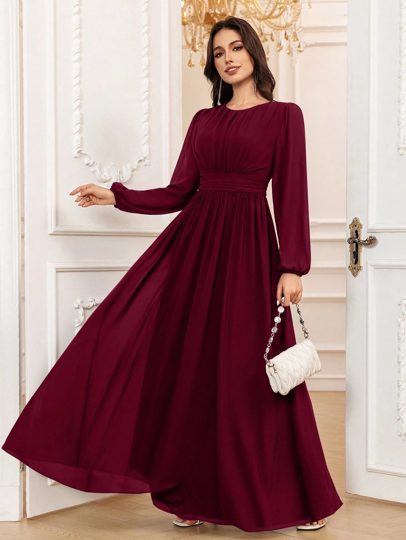 Volly Toych Elegant A-Line Round Neck Long Sleeve Floor-Length Chiffon Bridesmaid Dress, Wedding Guest Dress, - image 11