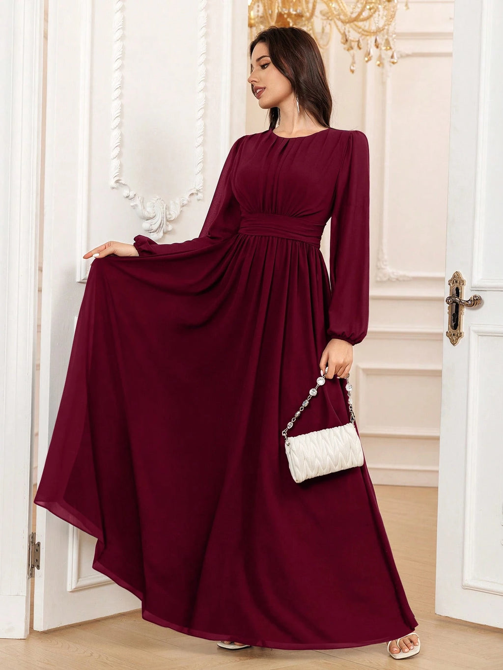 Volly Toych Elegant A-Line Round Neck Long Sleeve Floor-Length Chiffon Bridesmaid Dress, Wedding Guest Dress, - image 14