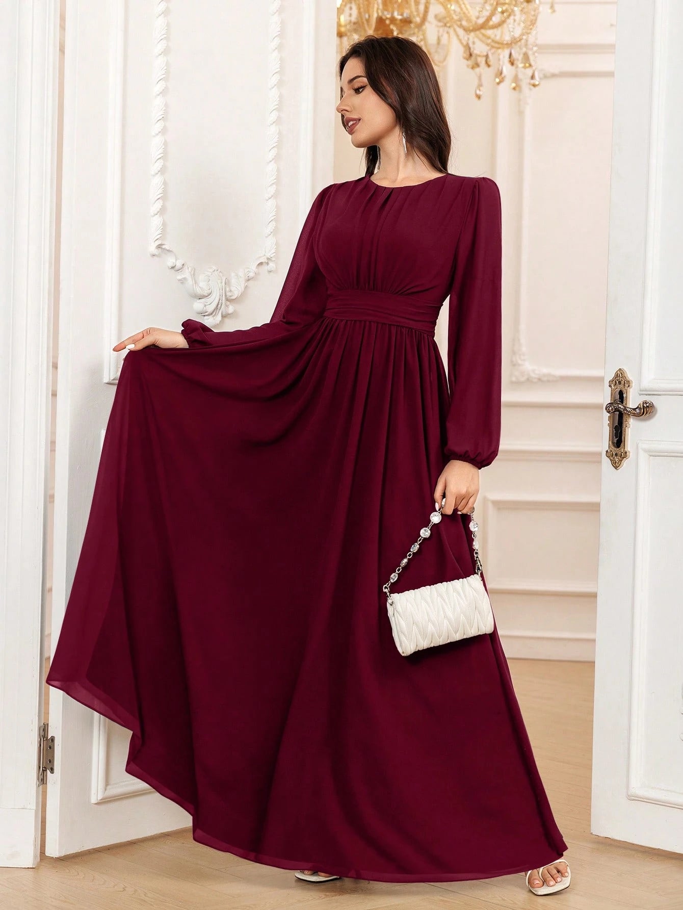 Volly Toych Elegant A-Line Round Neck Long Sleeve Floor-Length Chiffon Bridesmaid Dress, Wedding Guest Dress, - image 14
