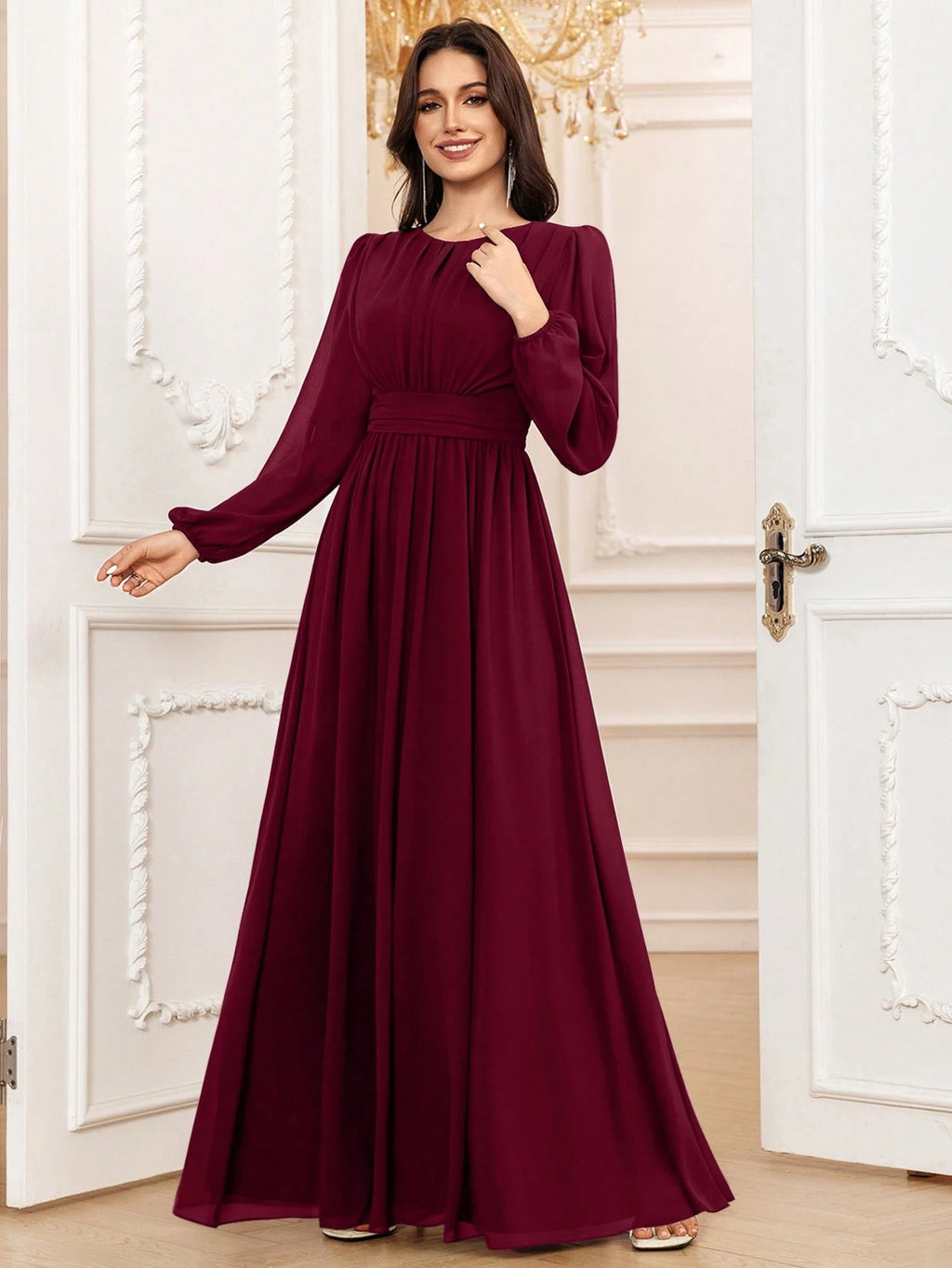 Volly Toych Elegant A-Line Round Neck Long Sleeve Floor-Length Chiffon Bridesmaid Dress, Wedding Guest Dress, - image 16