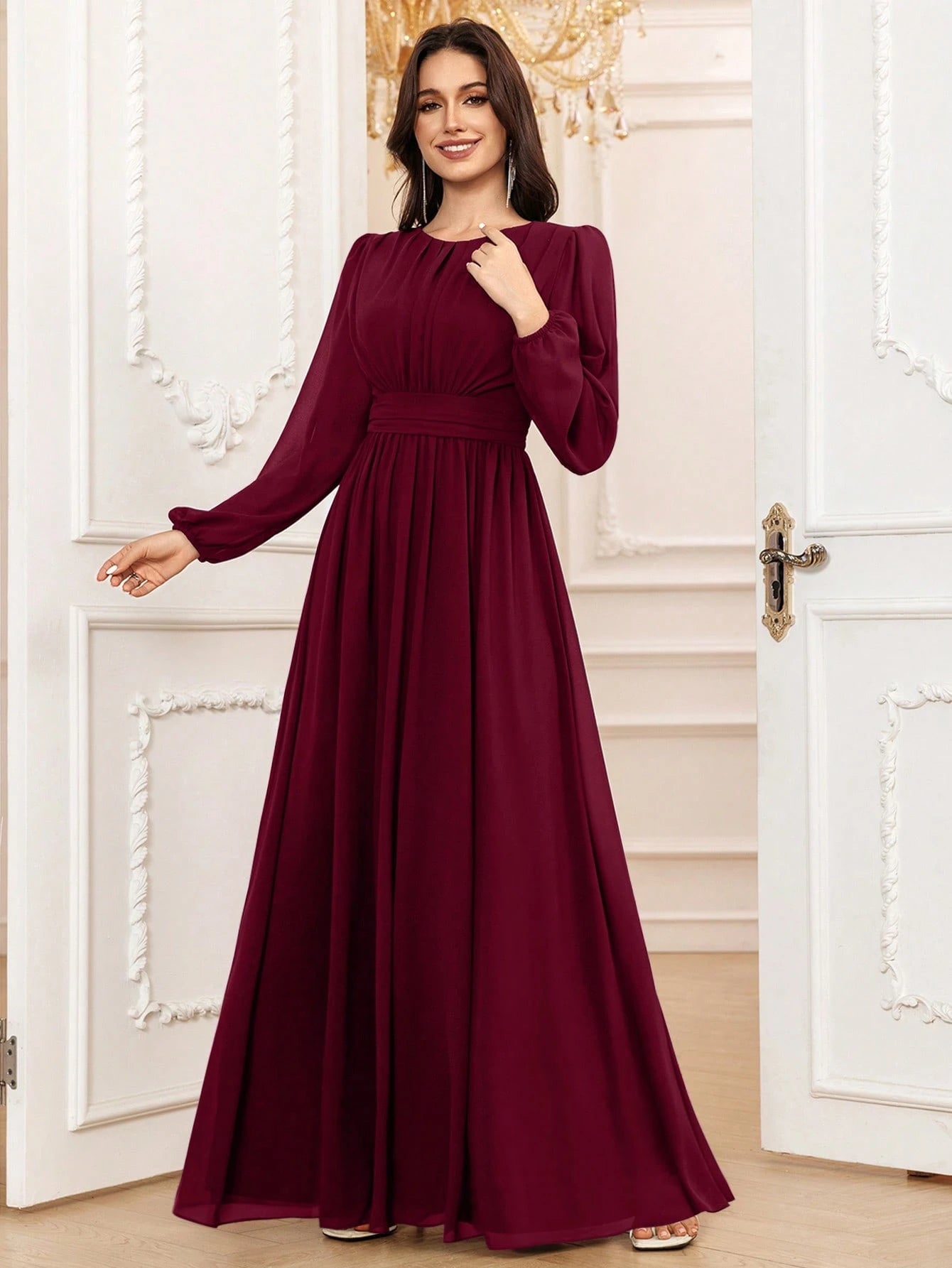 Volly Toych Elegant A-Line Round Neck Long Sleeve Floor-Length Chiffon Bridesmaid Dress, Wedding Guest Dress, - image 16