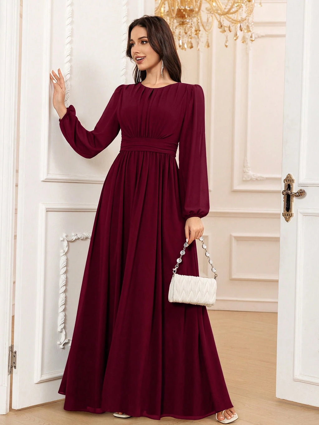 Volly Toych Elegant A-Line Round Neck Long Sleeve Floor-Length Chiffon Bridesmaid Dress, Wedding Guest Dress, - image 13
