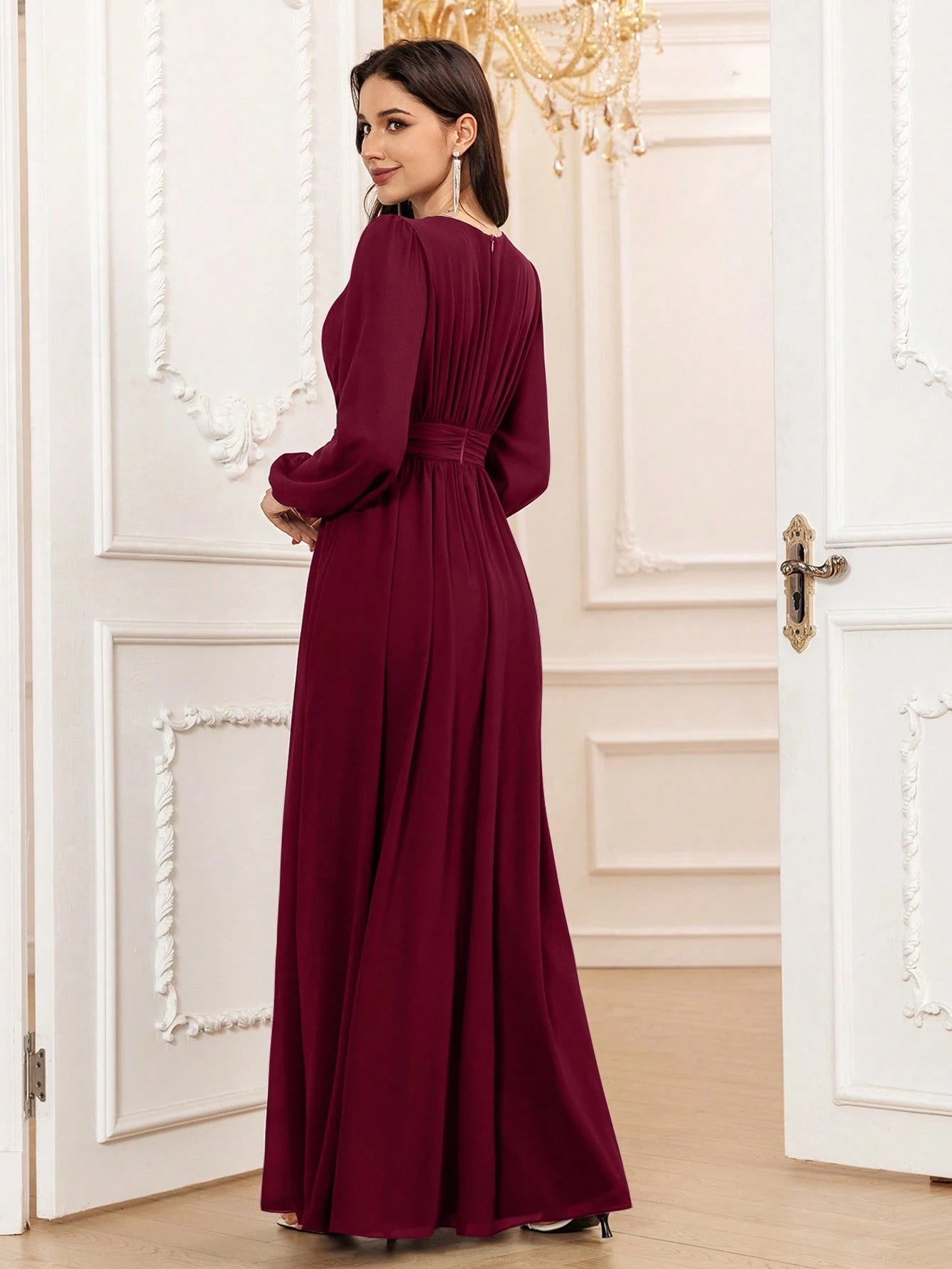 Volly Toych Elegant A-Line Round Neck Long Sleeve Floor-Length Chiffon Bridesmaid Dress, Wedding Guest Dress, - image 12