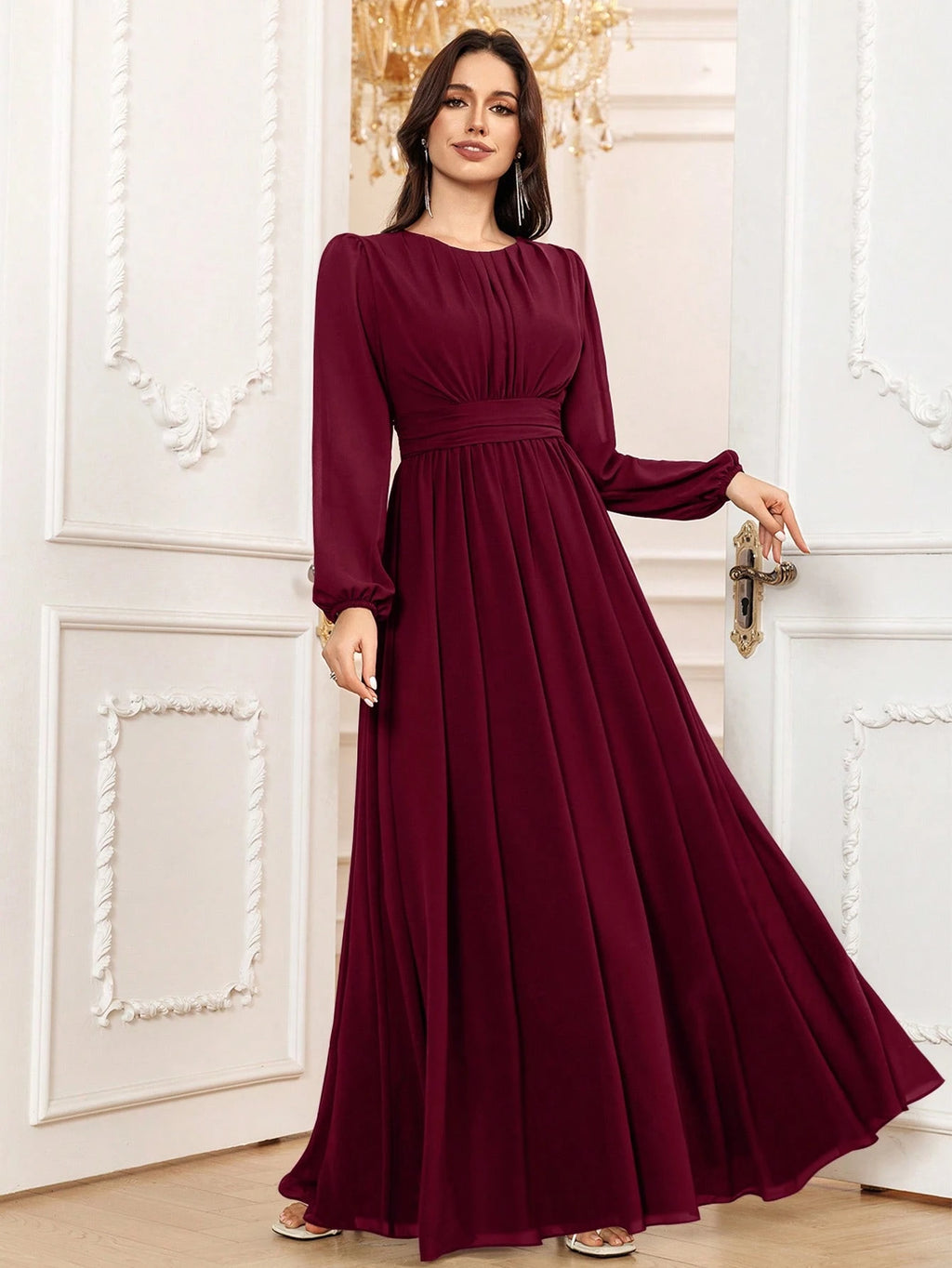 Volly Toych Elegant A-Line Round Neck Long Sleeve Floor-Length Chiffon Bridesmaid Dress, Wedding Guest Dress, - image 15