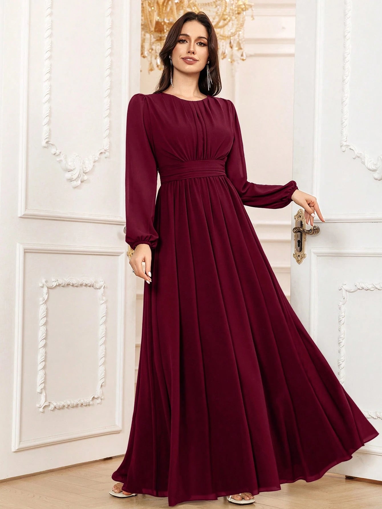 Volly Toych Elegant A-Line Round Neck Long Sleeve Floor-Length Chiffon Bridesmaid Dress, Wedding Guest Dress, - image 15