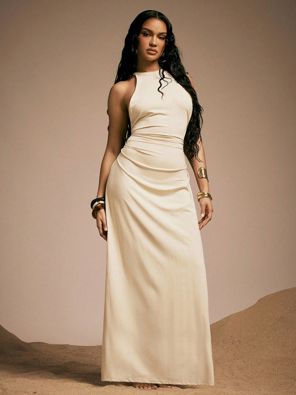 Hauture Women's Sexy High Neck Backless Maxi Dress With Bamboo Ring