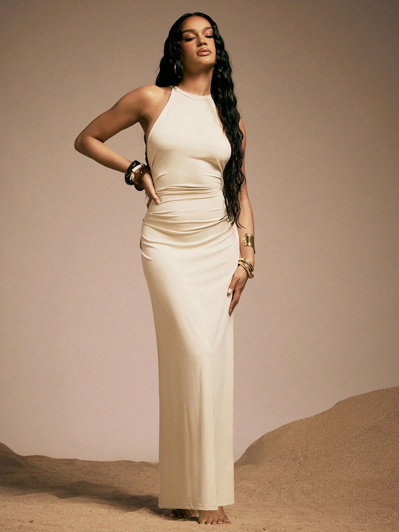 Hauture Women's Sexy High Neck Backless Maxi Dress With Bamboo Ring