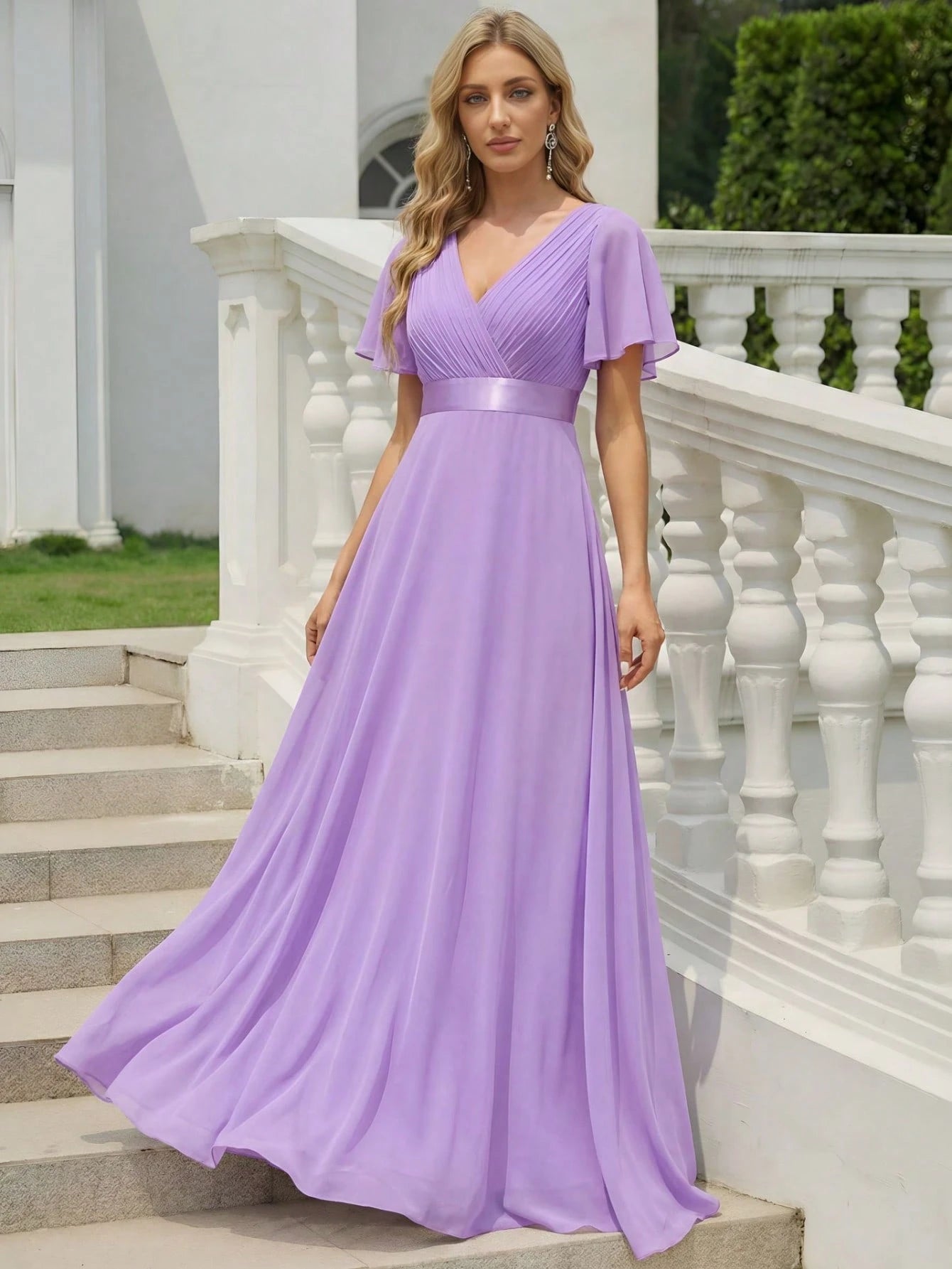 EVERPRETTY Elegant V-Neck Ruffle Butterfly Sleeve Pink Bridesmaid