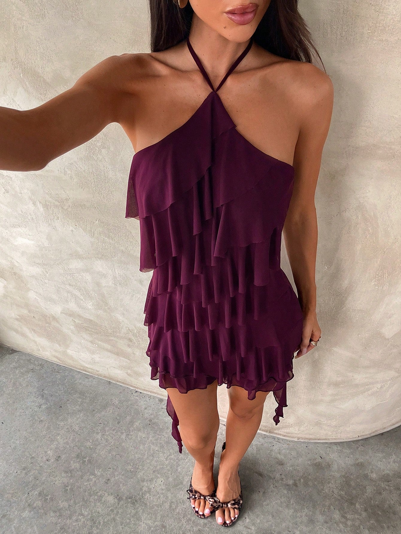 Aloruh Purple Summer 70s Party Party Night Y2K Music Festival Halter Multilayer Ruffle Mesh Mini - image 9