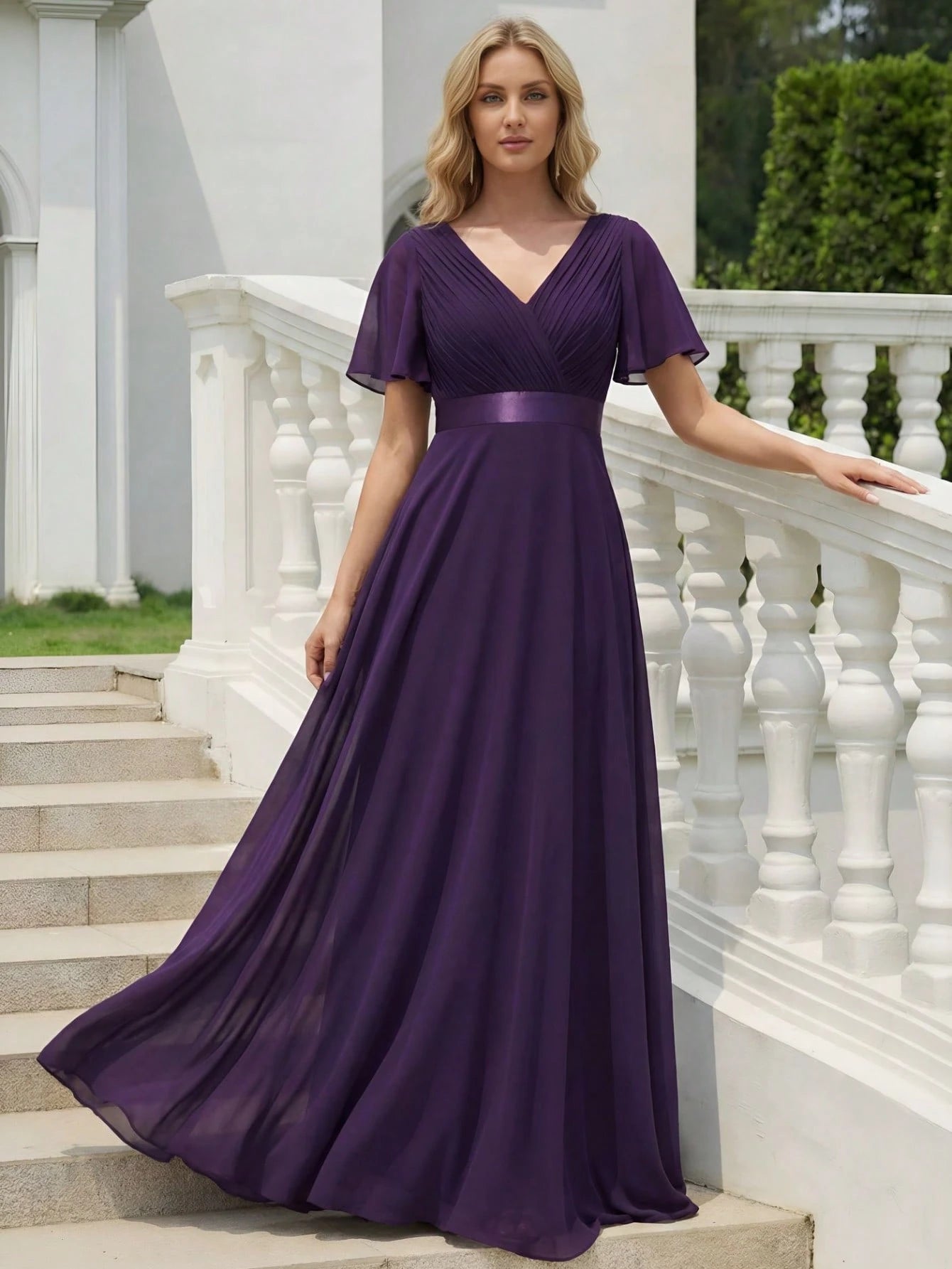 EVERPRETTY Elegant V-Neck Ruffle Butterfly Sleeve Pink Bridesmaid