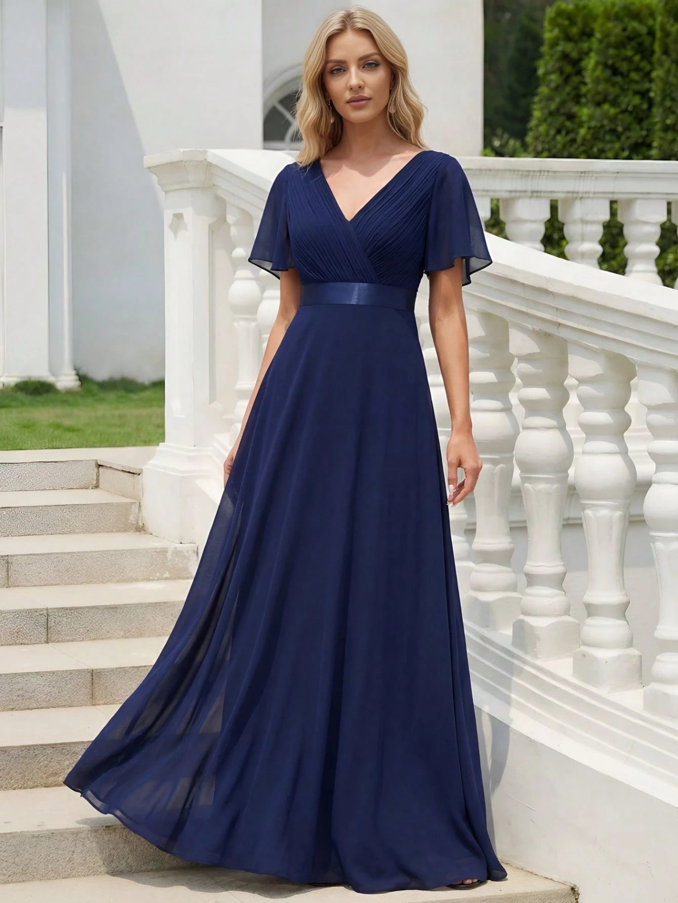 EVERPRETTY Elegant V-Neck Ruffle Butterfly Sleeve Pink Bridesmaid