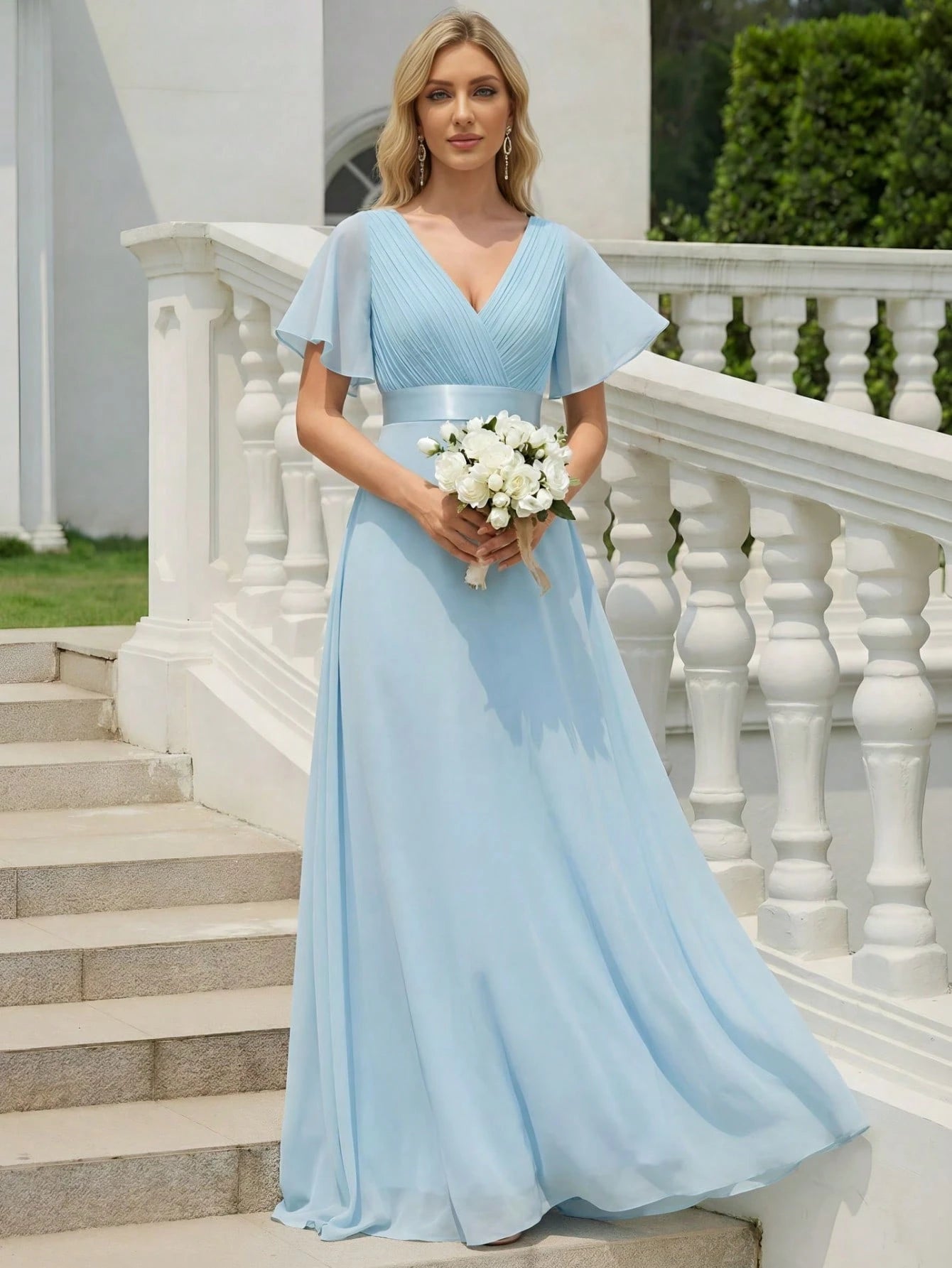 EVERPRETTY Elegant V-Neck Ruffle Butterfly Sleeve Pink Bridesmaid