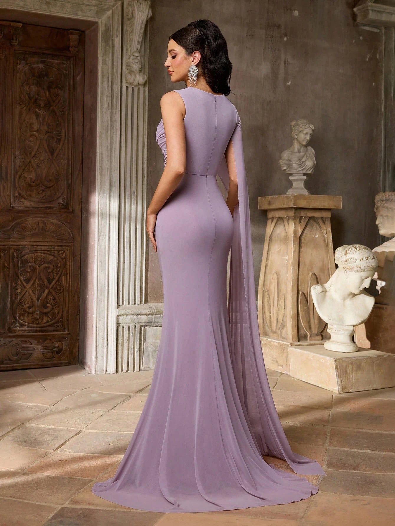 Aureia Elegant Graceful Sophisticated High Elastic Mesh Fabric Round Neck One Shoulder Oversized Cape Sleeve - image 10
