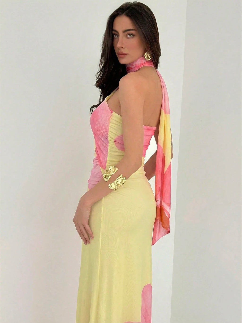 Aloruh Women's Floral Print Backless Halter Fitted Dress, Pink And Yellow Summer Tropical Beach Vacation - image 2