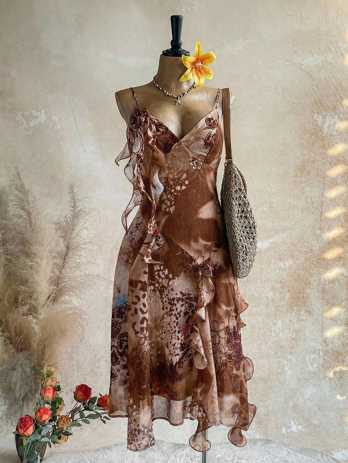Soleia WYWH Vacation Retro Bohemian Animal Print Tie Dye Jellyfish Frill Trim 3D Floral Shiny Chiffon Dress - image 11