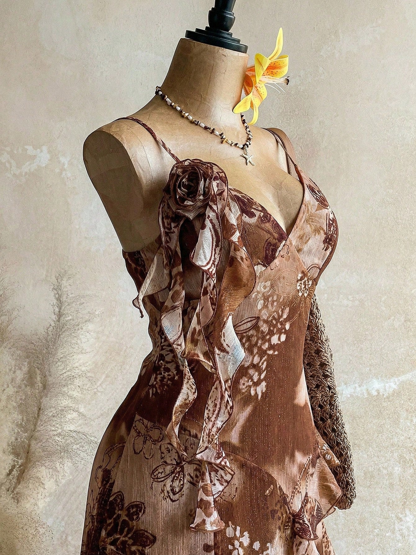 Soleia WYWH Vacation Retro Bohemian Animal Print Tie Dye Jellyfish Frill Trim 3D Floral Shiny Chiffon Dress - image 13