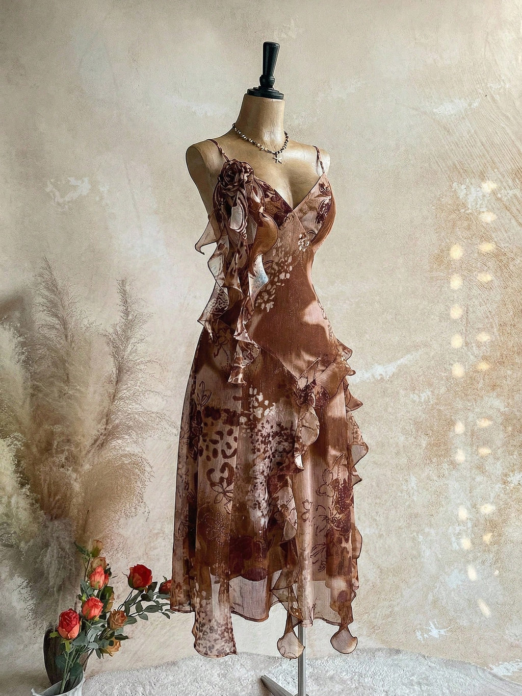 Soleia WYWH Vacation Retro Bohemian Animal Print Tie Dye Jellyfish Frill Trim 3D Floral Shiny Chiffon Dress - image 14