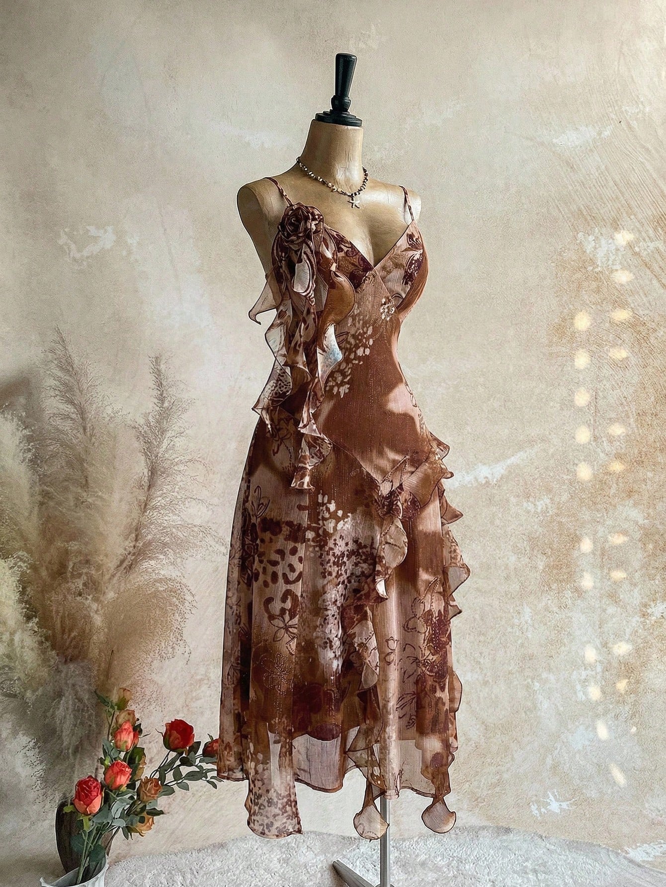 Soleia WYWH Vacation Retro Bohemian Animal Print Tie Dye Jellyfish Frill Trim 3D Floral Shiny Chiffon Dress - image 14