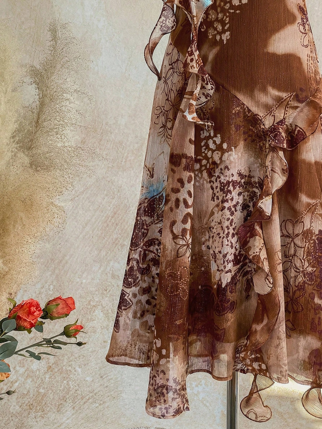 Soleia WYWH Vacation Retro Bohemian Animal Print Tie Dye Jellyfish Frill Trim 3D Floral Shiny Chiffon Dress - image 15