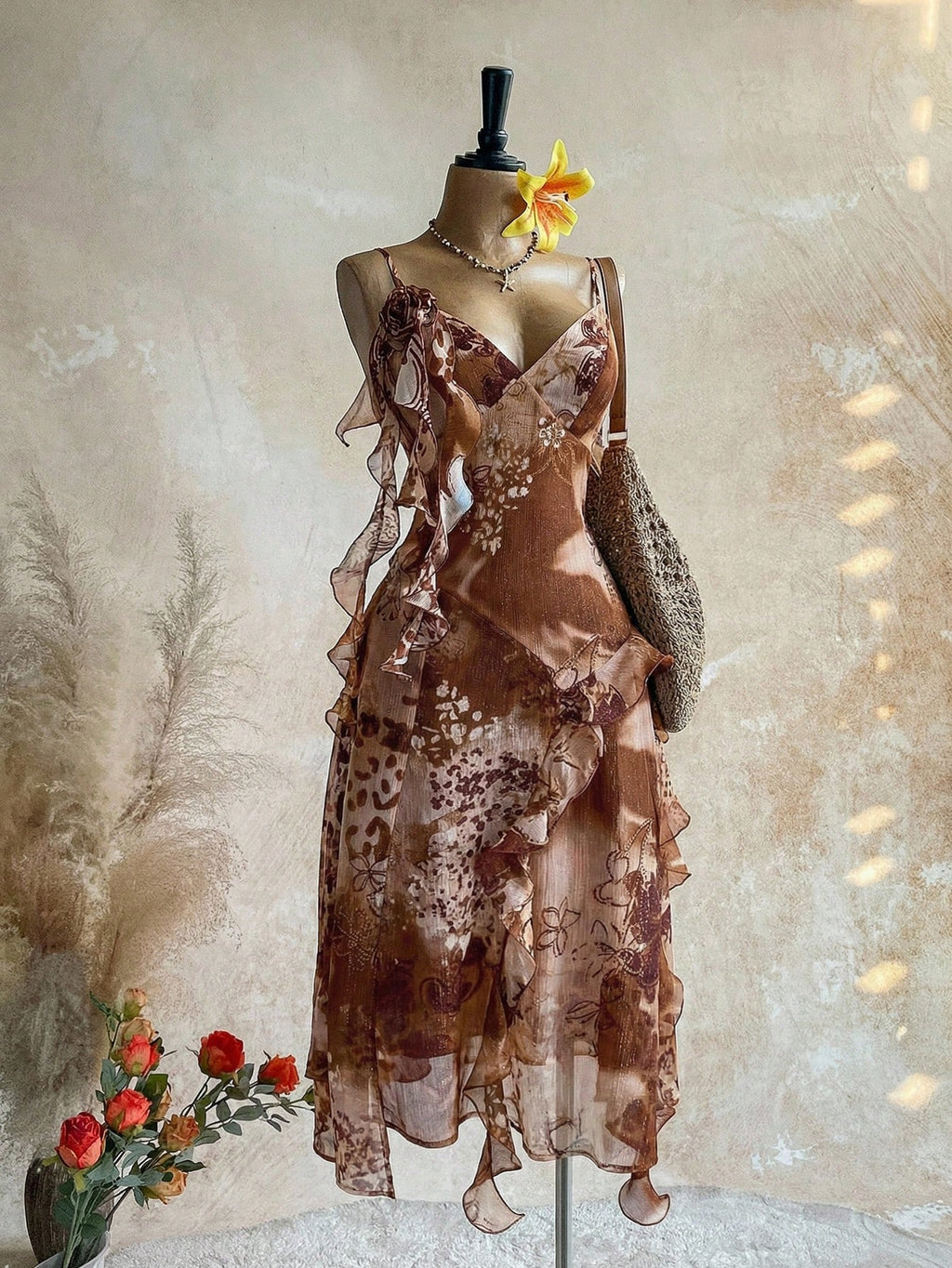 Soleia WYWH Vacation Retro Bohemian Animal Print Tie Dye Jellyfish Frill Trim 3D Floral Shiny Chiffon Dress - image 16