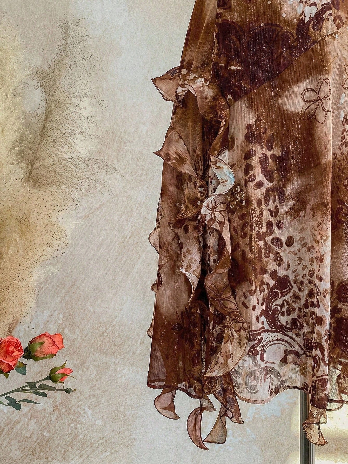 Soleia WYWH Vacation Retro Bohemian Animal Print Tie Dye Jellyfish Frill Trim 3D Floral Shiny Chiffon Dress - image 17