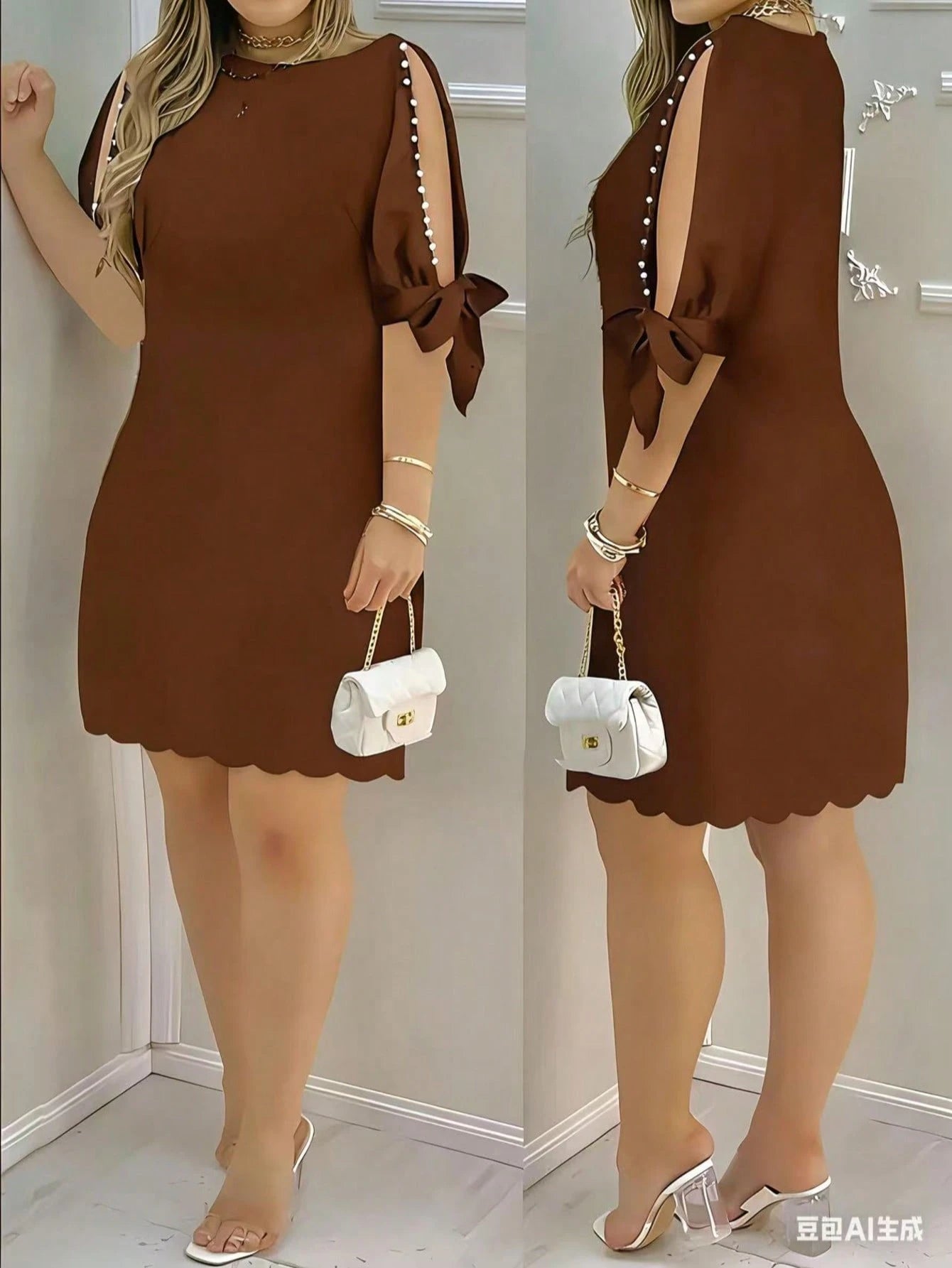Floral Print Ruffle Sleeve Faux Pearl Embellished Women's Dress,