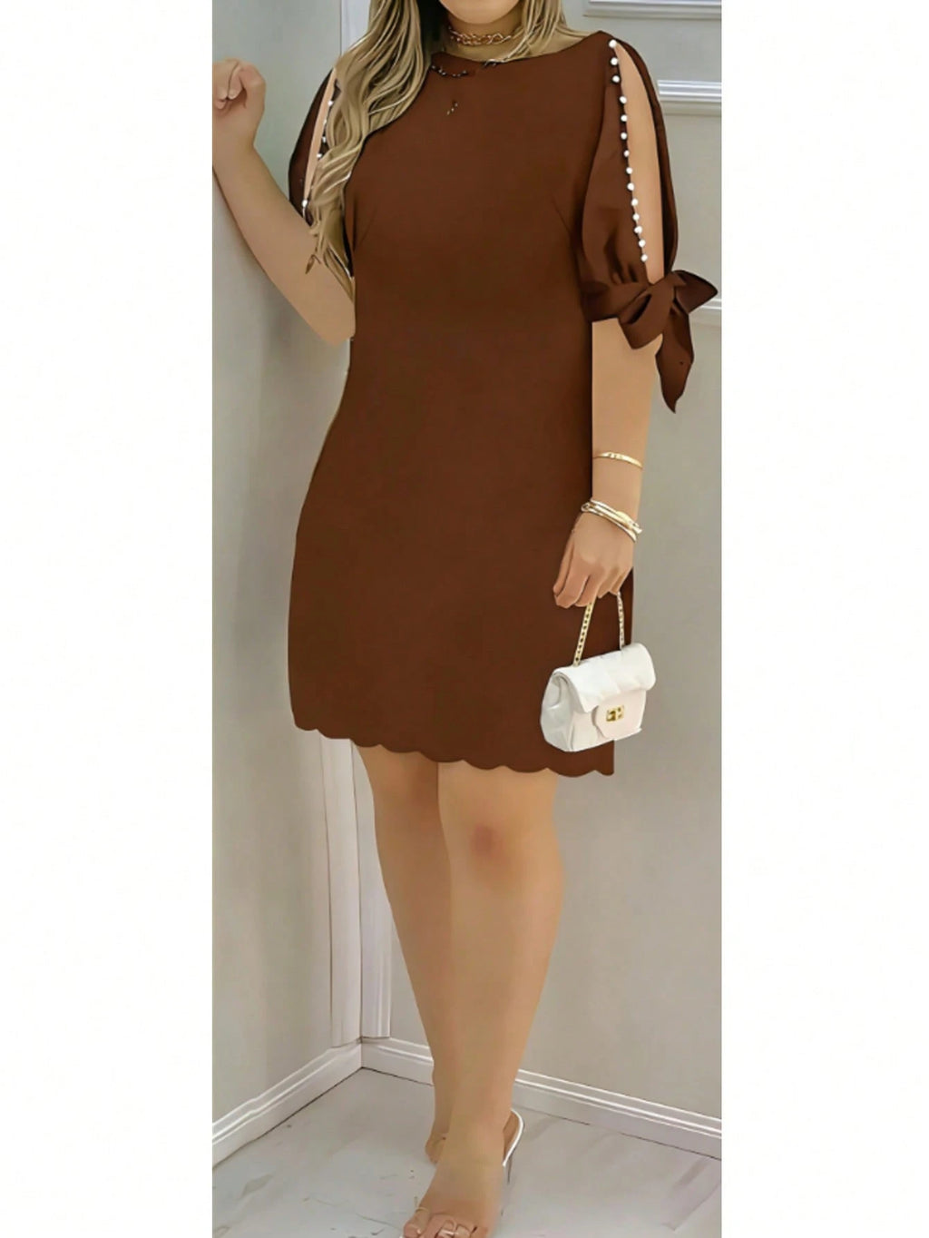 Floral Print Ruffle Sleeve Faux Pearl Embellished Women's Dress,