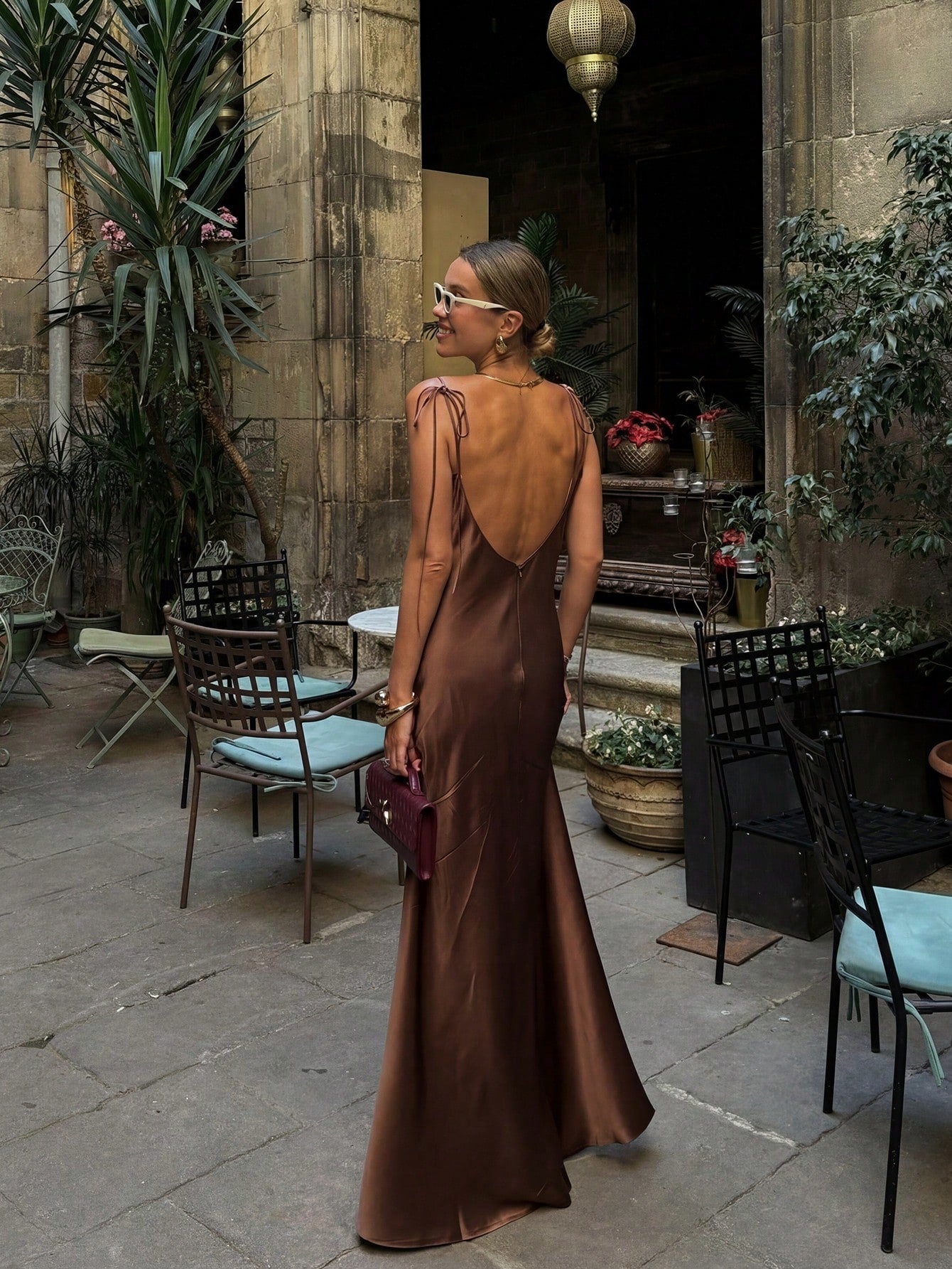 French Elegant Glossy Satin Brown Evening Gown, Cowl Neck Tie Strap Spaghetti Straps Back Zipper Open Back - image 2