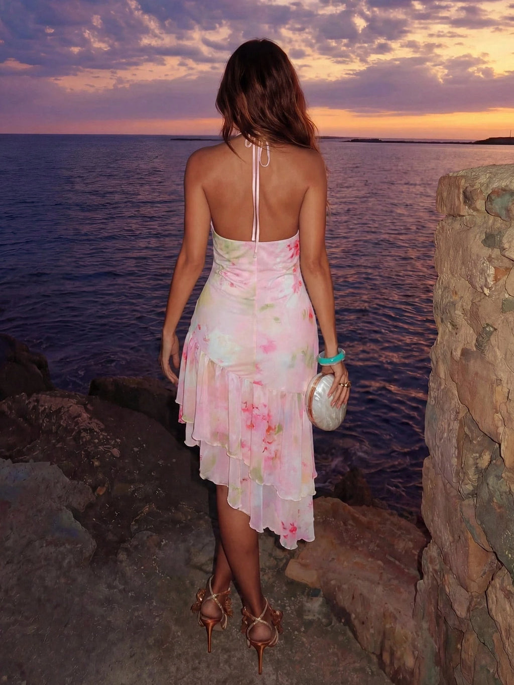 Allurite Asymmetric Hem Printed Halter Neck Dress, Women's Vacation Pink Dress - image 7