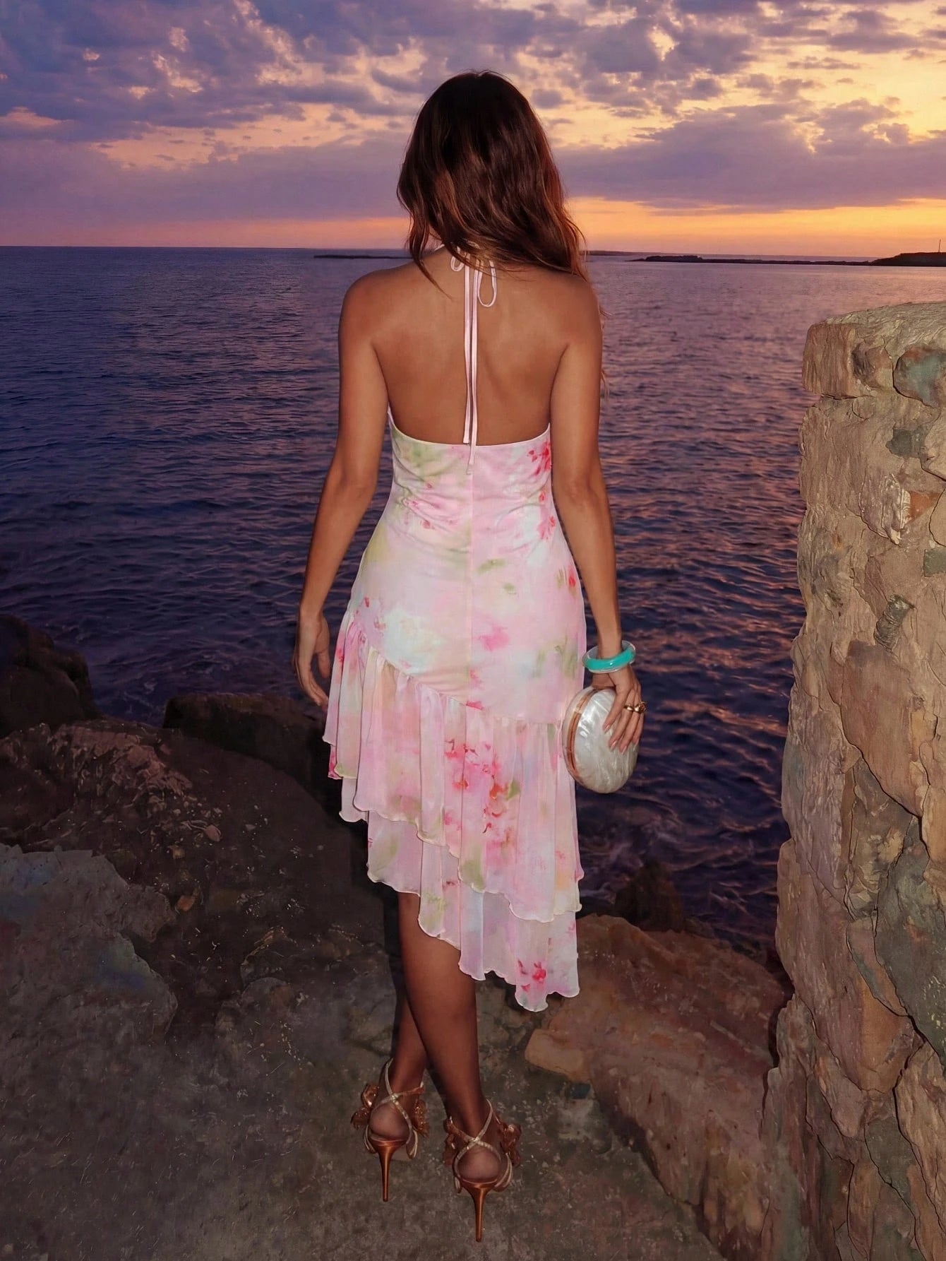Allurite Asymmetric Hem Printed Halter Neck Dress, Women's Vacation Pink Dress - image 7