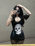 Gothic-Style Sexy Skull Print Lace Trim Slim-Fit Mini Camisole Dress,