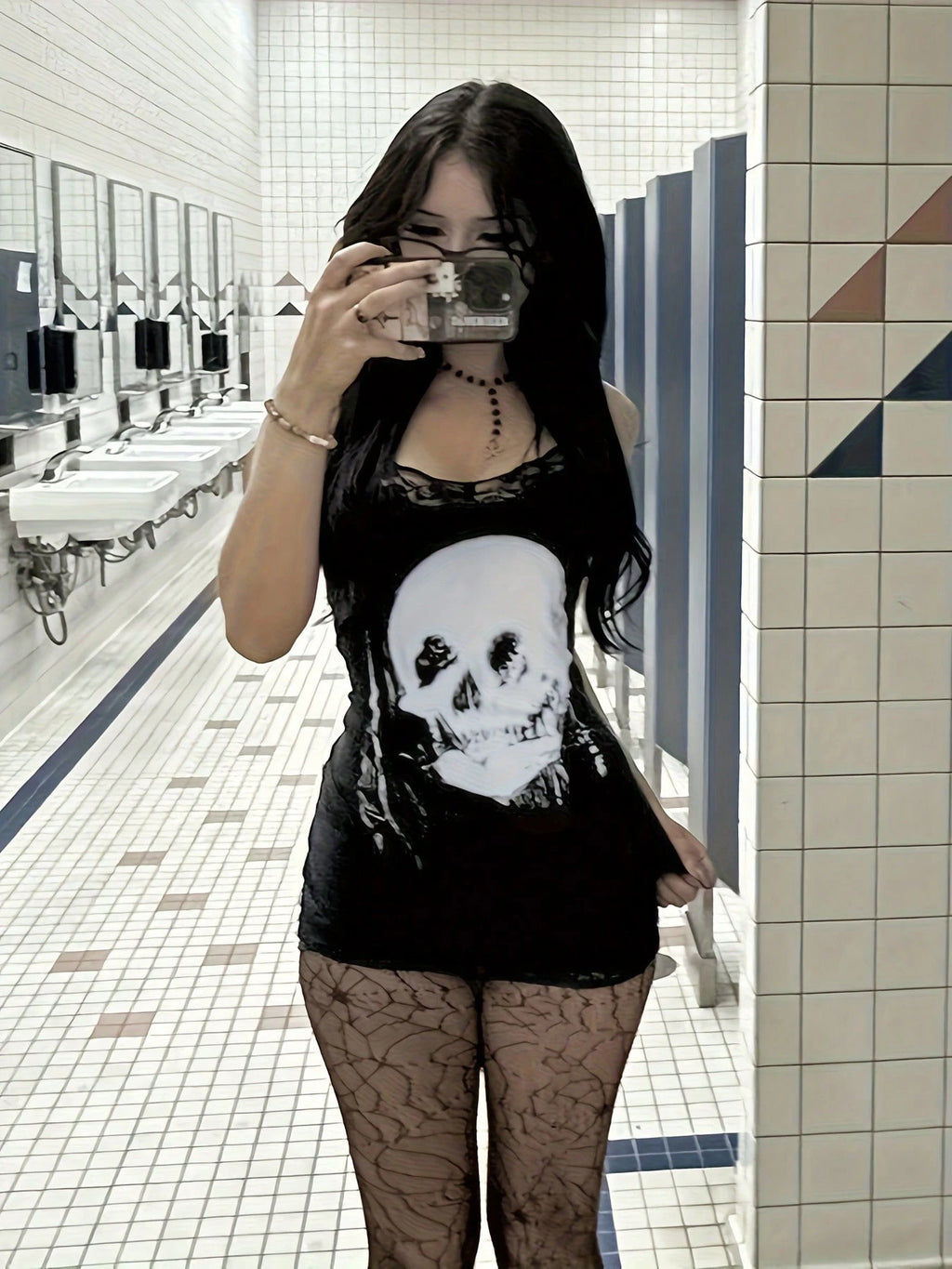Gothic-Style Sexy Skull Print Lace Trim Slim-Fit Mini Camisole Dress,