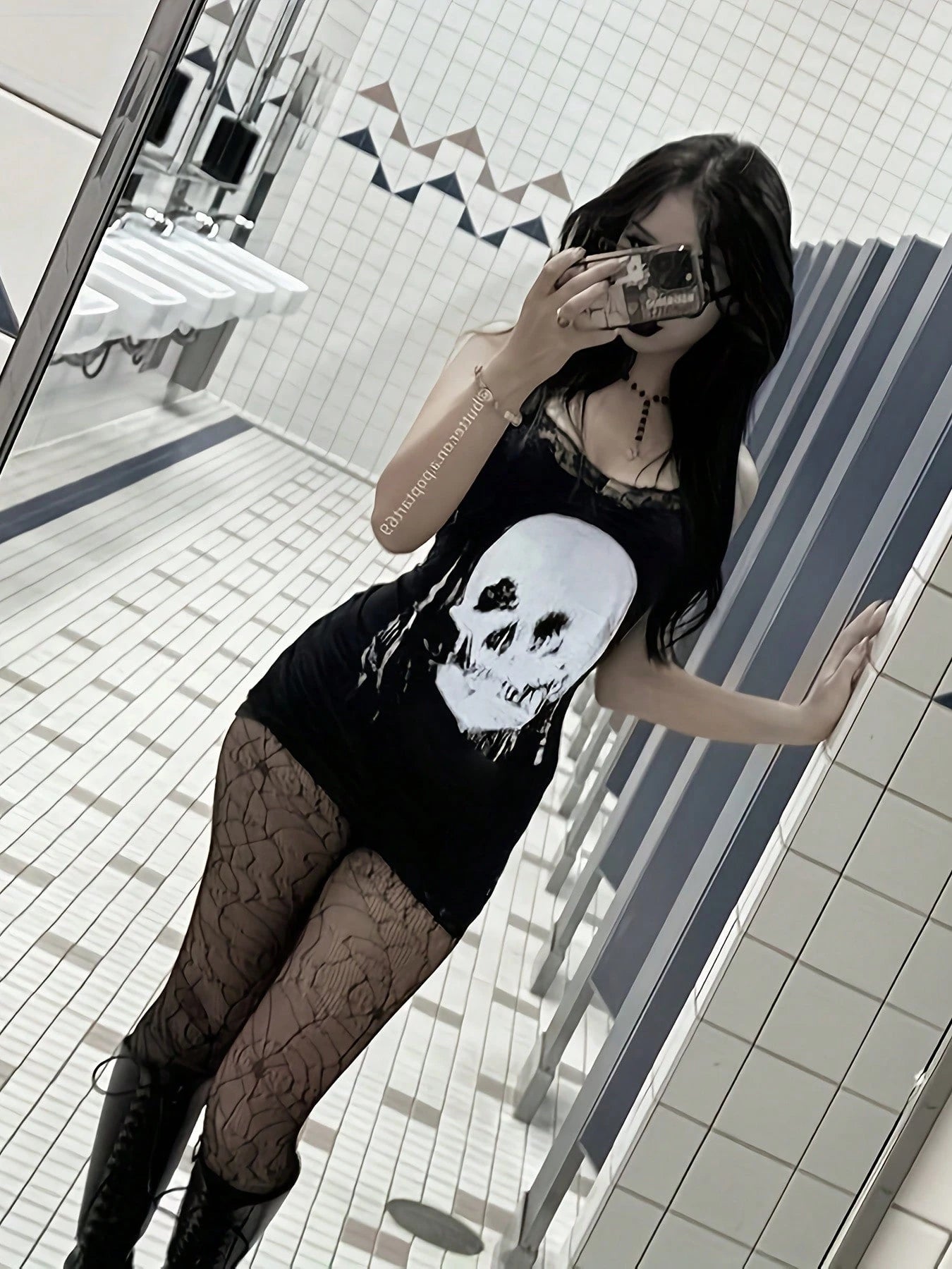 Gothic-Style Sexy Skull Print Lace Trim Slim-Fit Mini Camisole Dress,