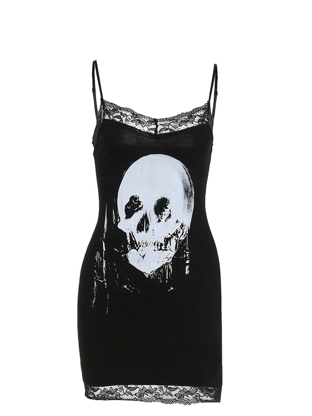 Gothic-Style Sexy Skull Print Lace Trim Slim-Fit Mini Camisole Dress,