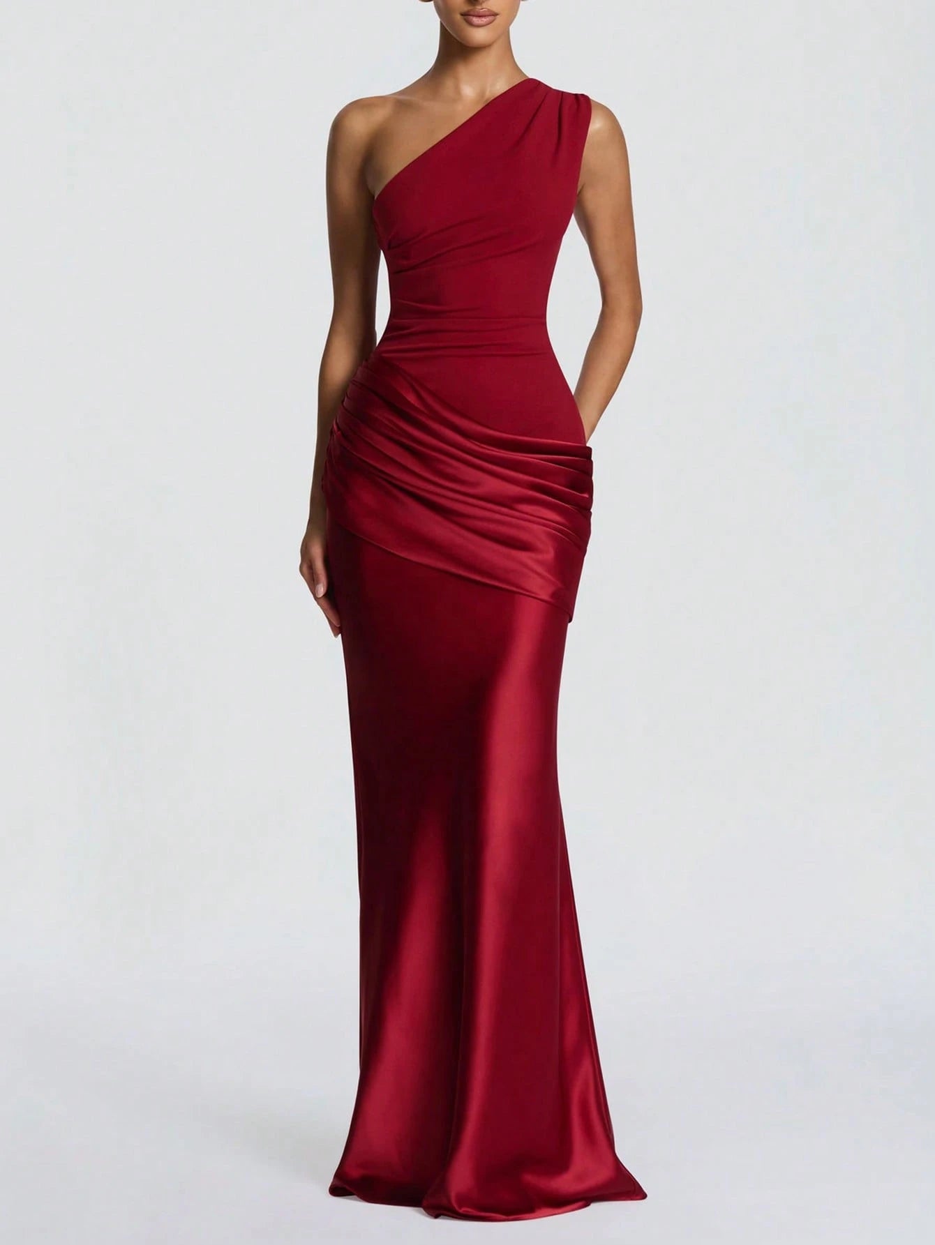 Elegant Satin Patchwork One-Shoulder Dress, Fashionable For Outings, Weddings, Parties, And Clubs, - image 11