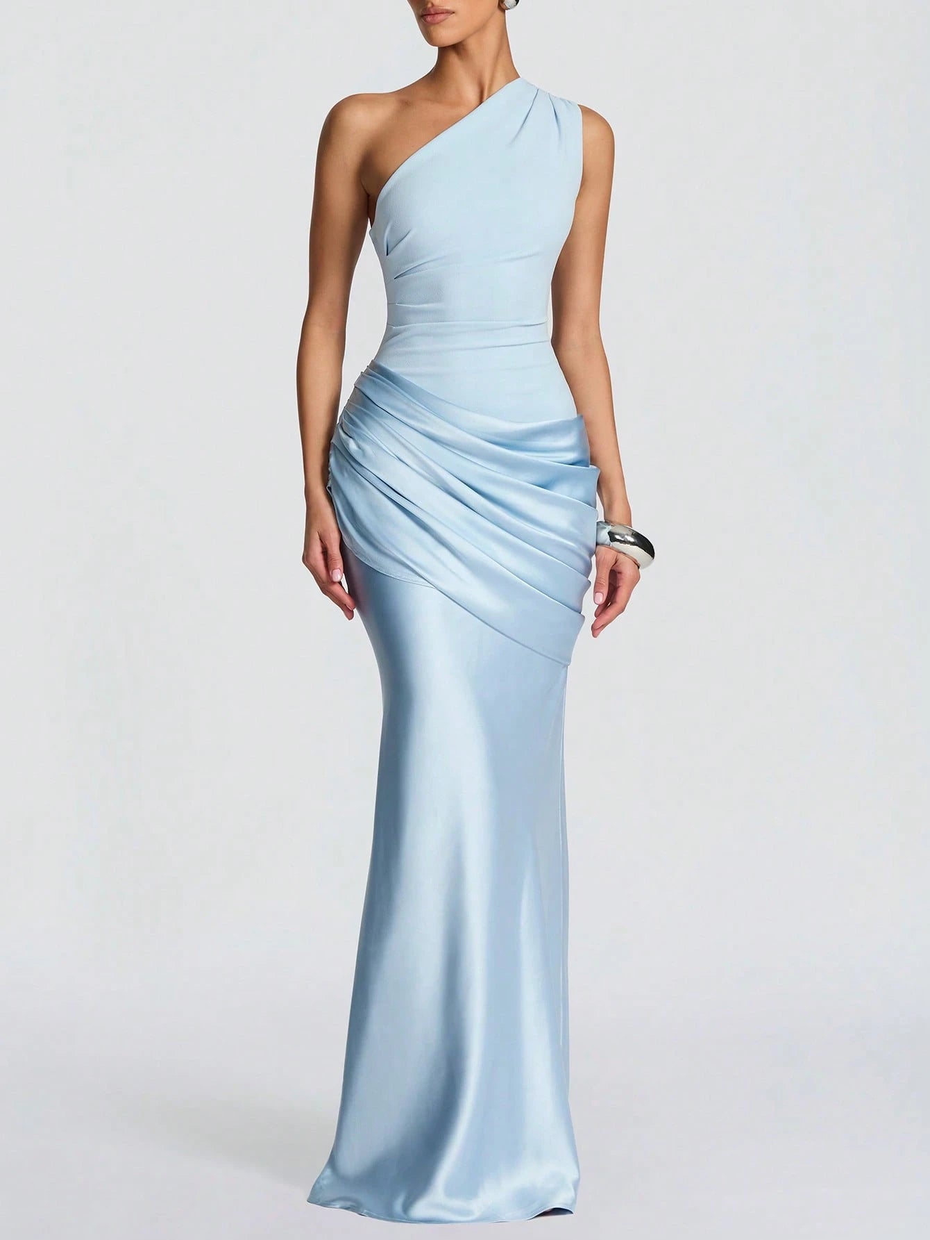 Elegant Satin Patchwork One-Shoulder Dress, Fashionable For Outings, Weddings, Parties, And Clubs, - image 9