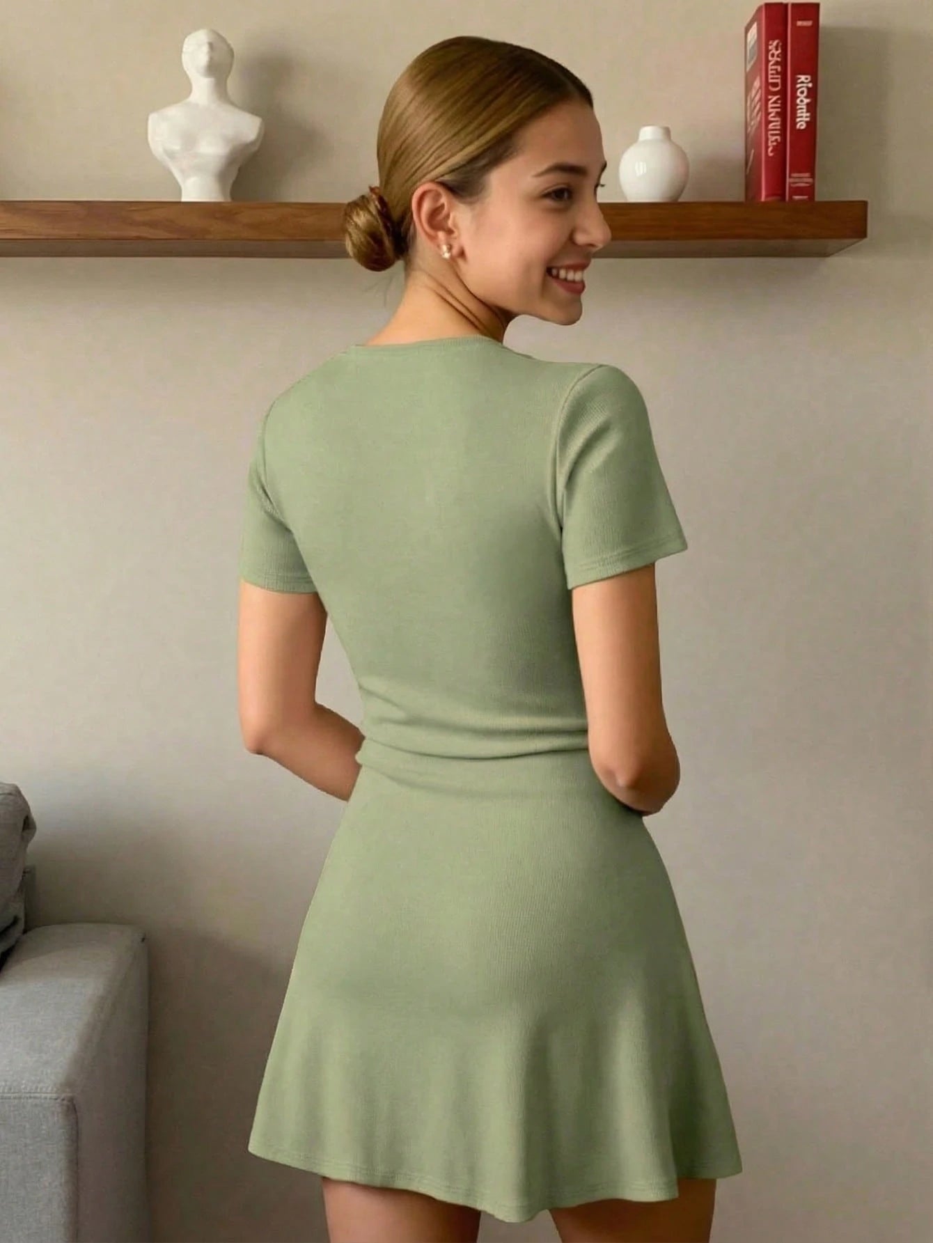 INAWLY French Knit V-Neck Waist-Defining A-Line Dress