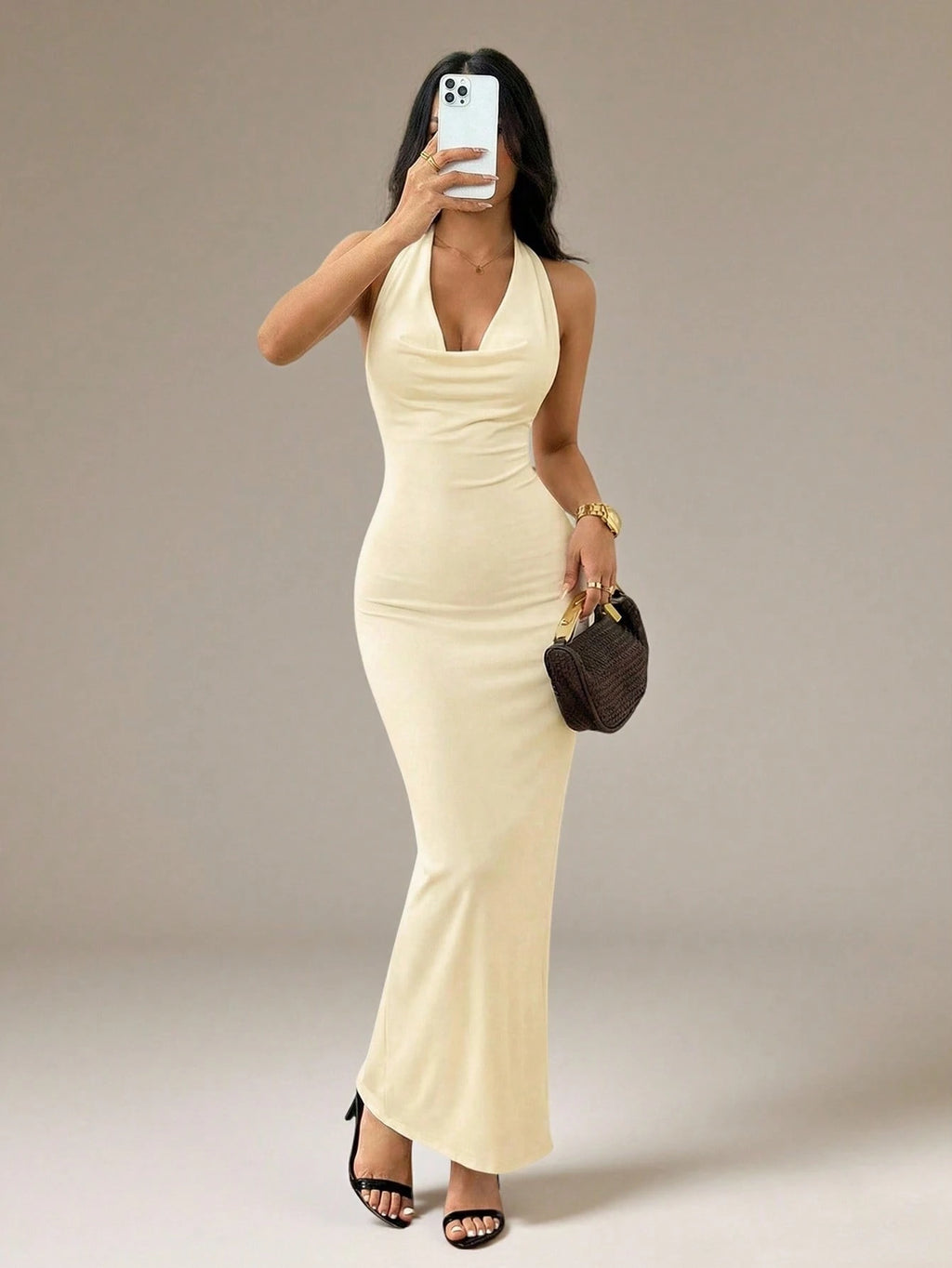 PETITE Women's Elegant Black Summer Bodycon Maxi Dress,Mesh Halter